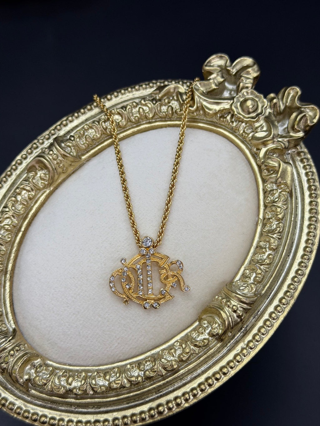 DIOR Vintage Necklace Rhinestone Emblem Logo