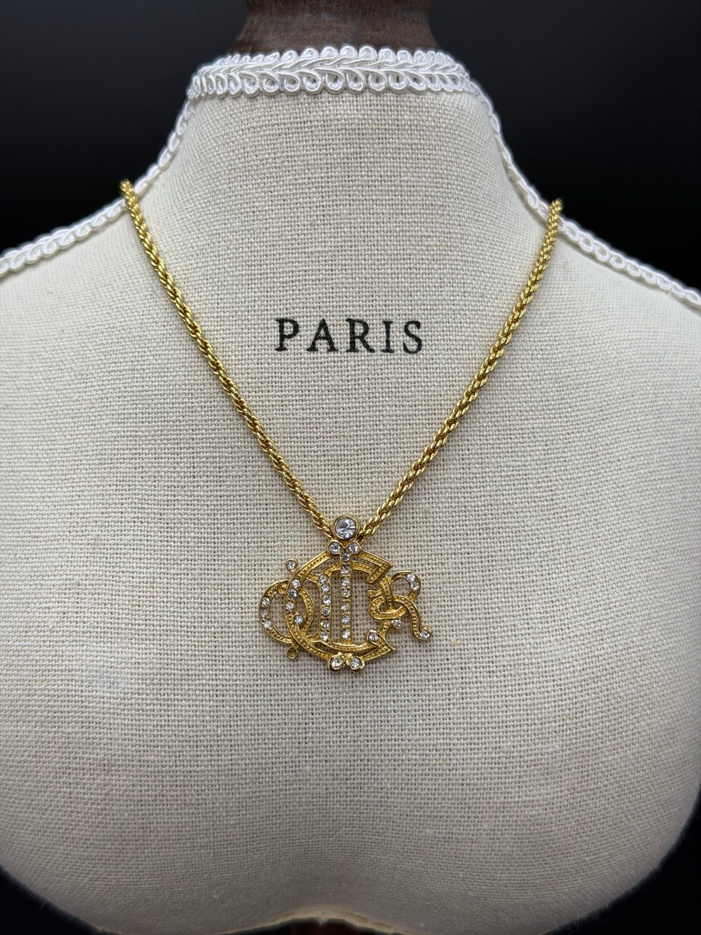 DIOR Vintage Necklace Rhinestone Emblem Logo