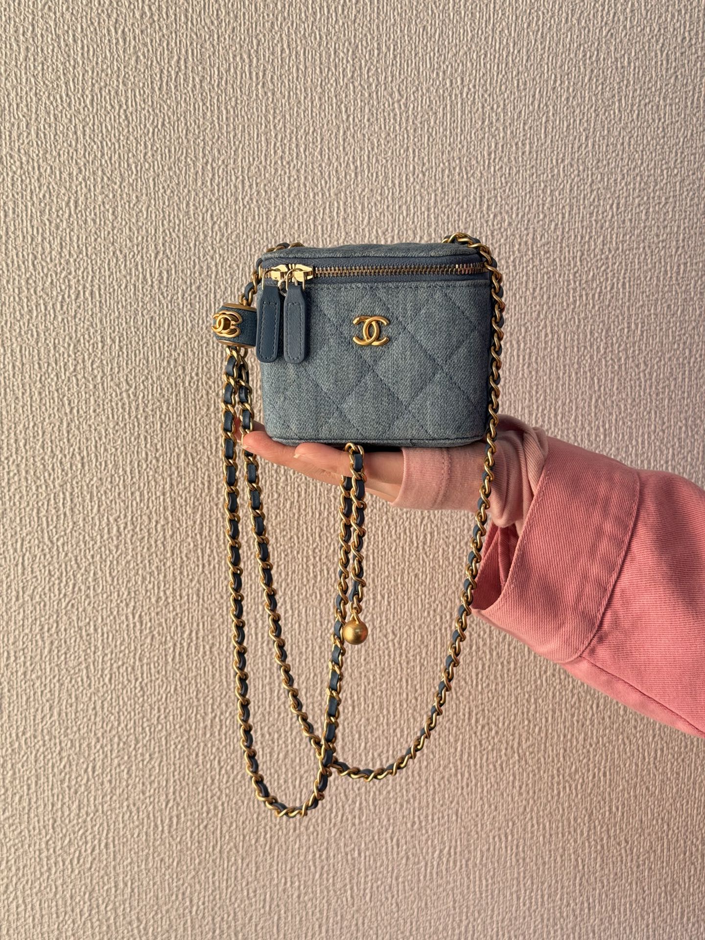 CHANEL Mini Square Denim Vanity Bag Logo with Pearl Crush