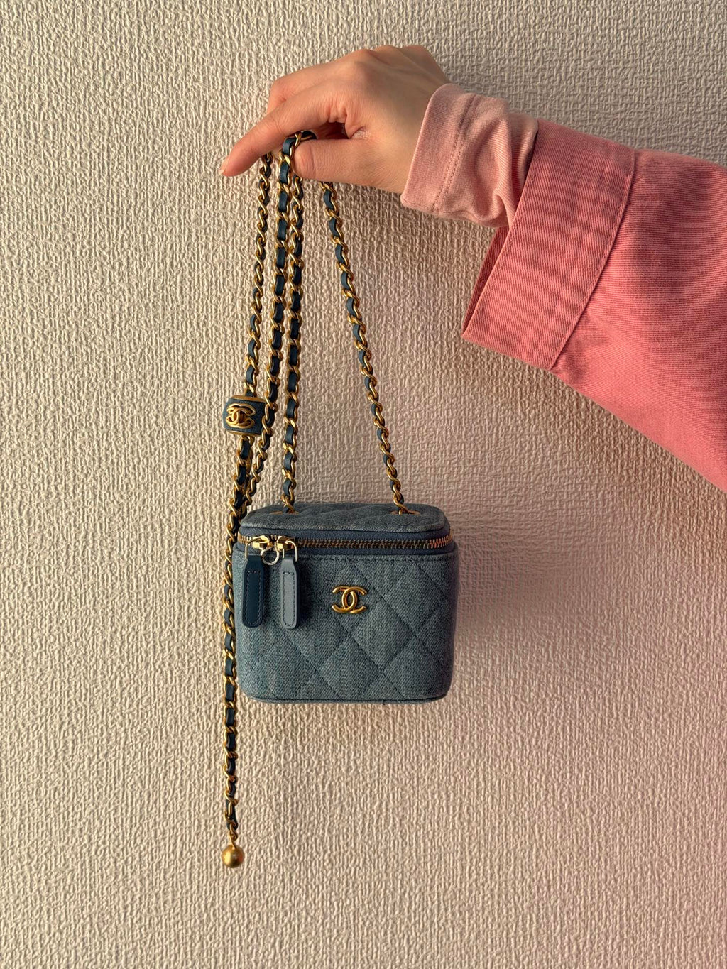 CHANEL Mini Square Denim Vanity Bag Logo with Pearl Crush