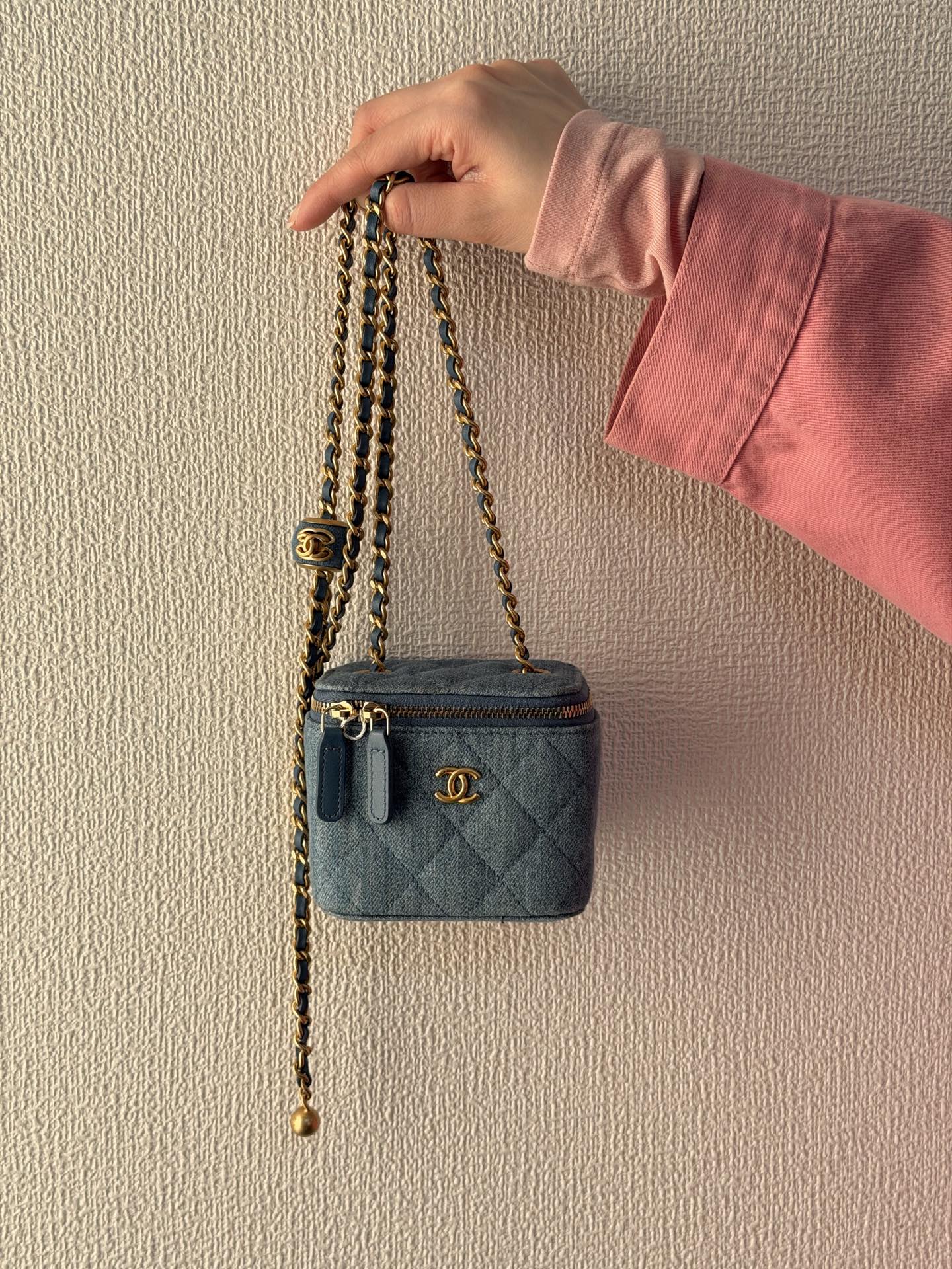 CHANEL Mini Square Denim Vanity Bag Logo with Pearl Crush