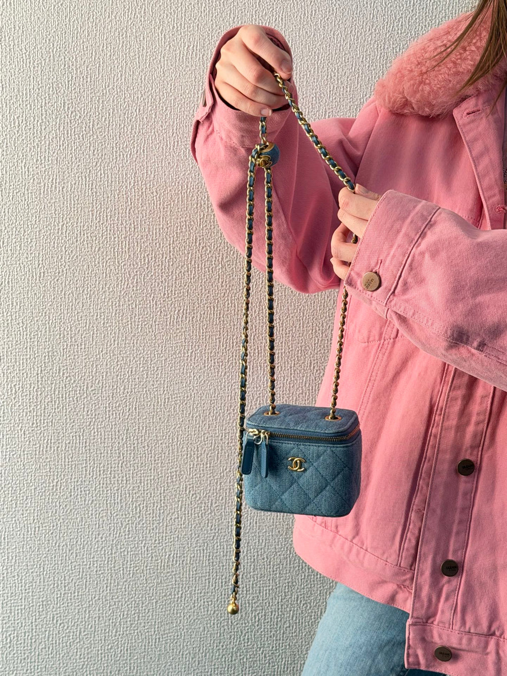 CHANEL Mini Square Denim Vanity Bag Logo with Pearl Crush