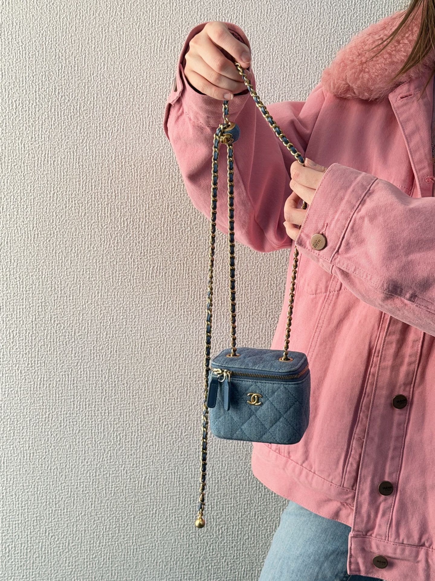 CHANEL Mini Square Denim Vanity Bag Logo with Pearl Crush