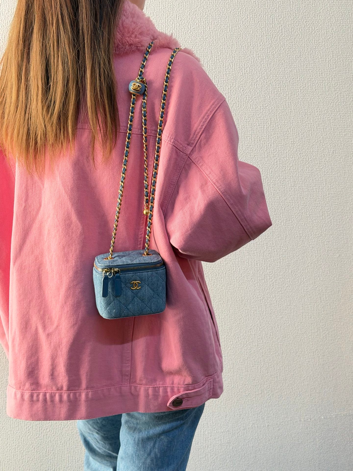 CHANEL Mini Square Denim Vanity Bag Logo with Pearl Crush