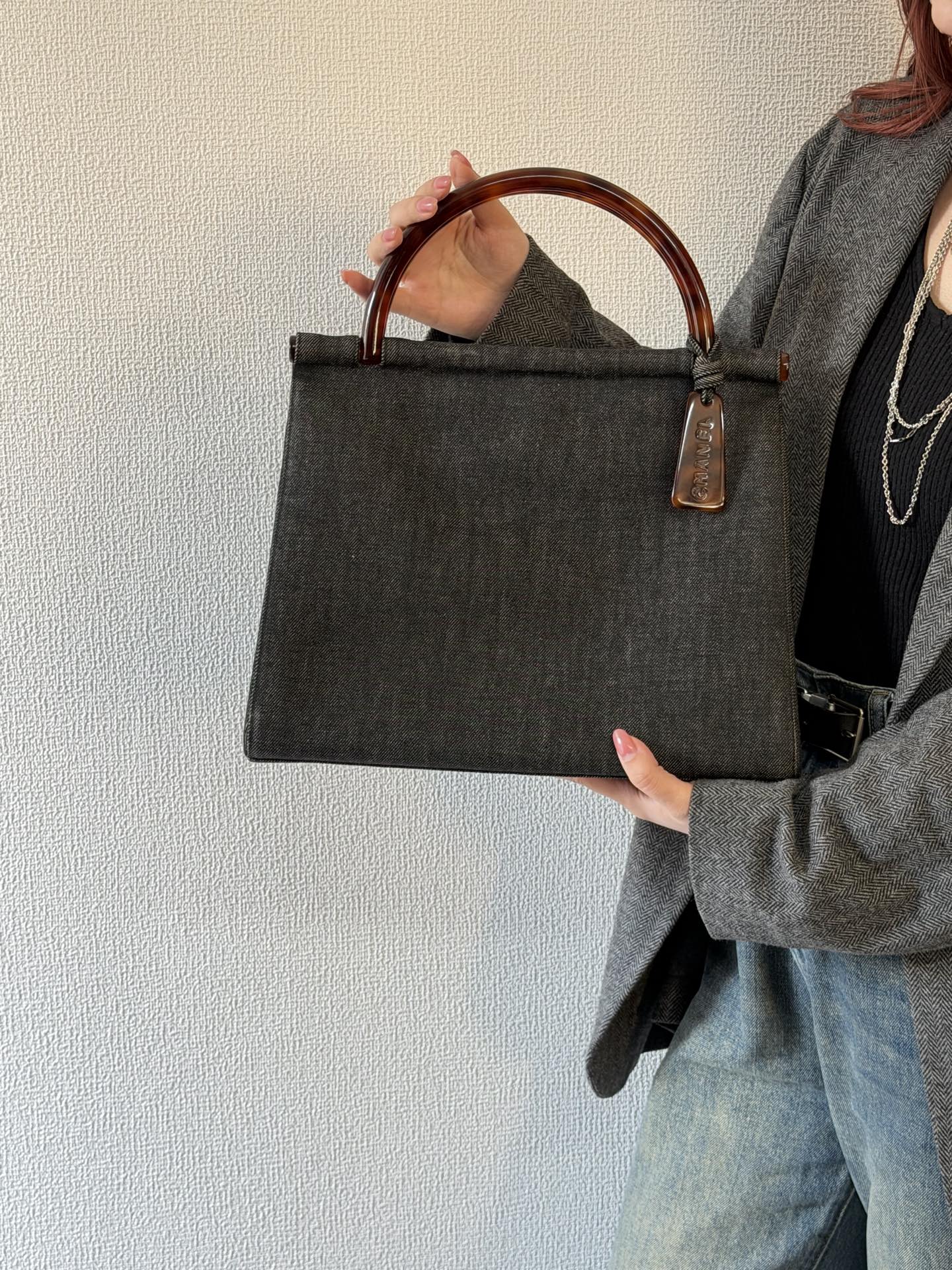 CHANEL Tortoiseshell-handle Denim Hand Bag