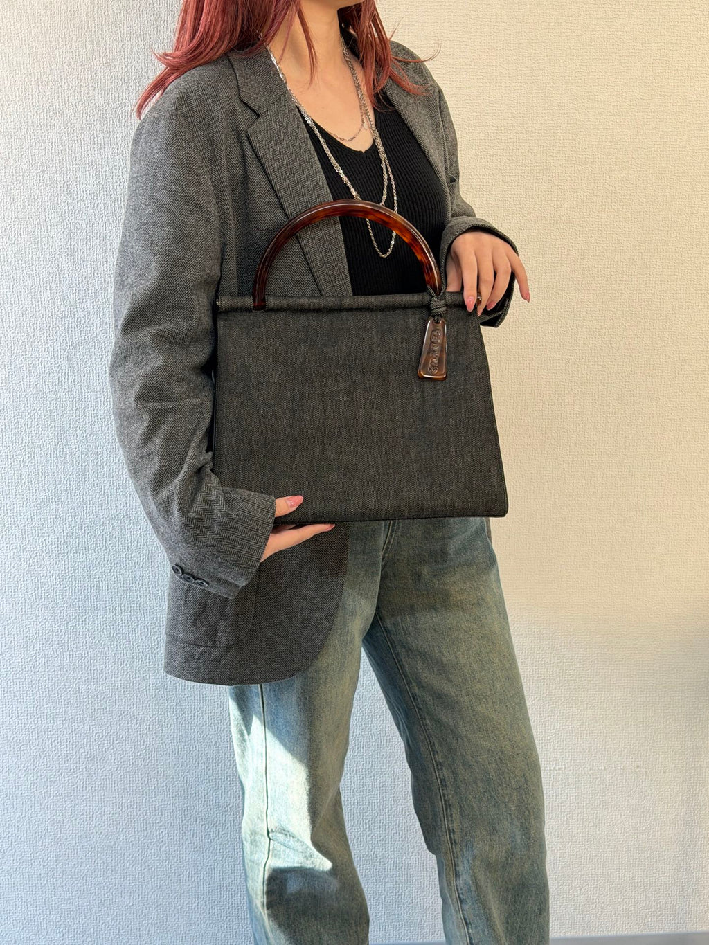 CHANEL Tortoiseshell-handle Denim Hand Bag