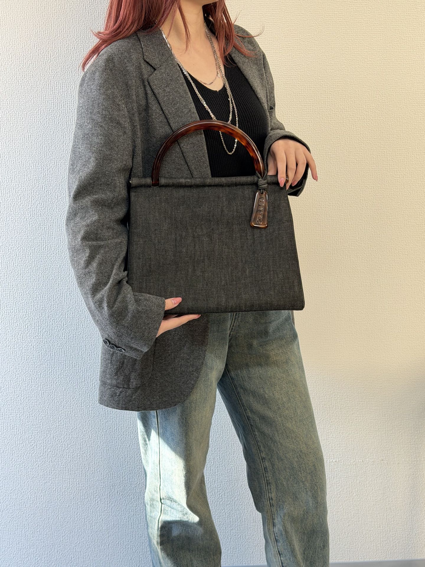 CHANEL Tortoiseshell-handle Denim Hand Bag