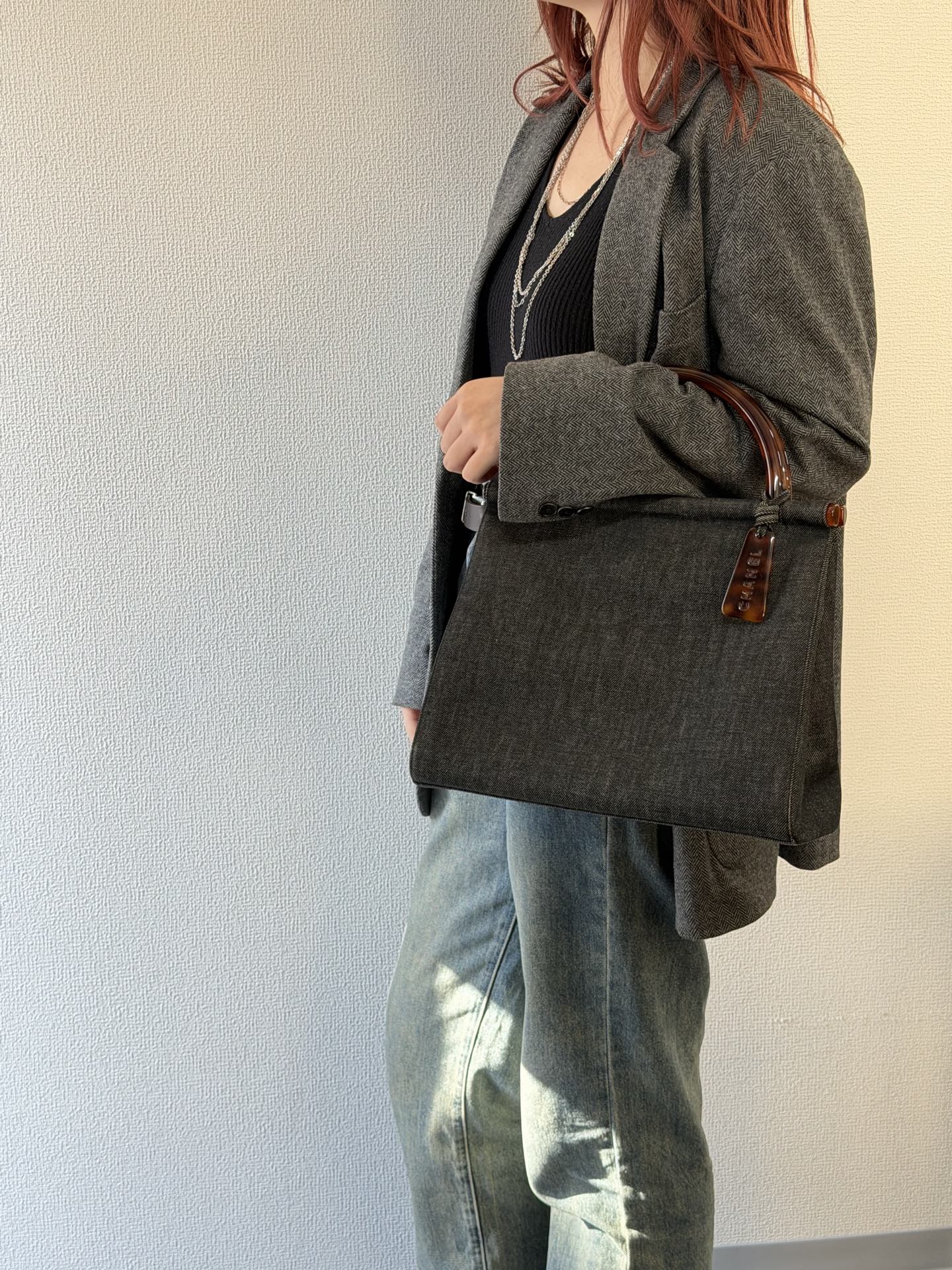 CHANEL Tortoiseshell-handle Denim Hand Bag