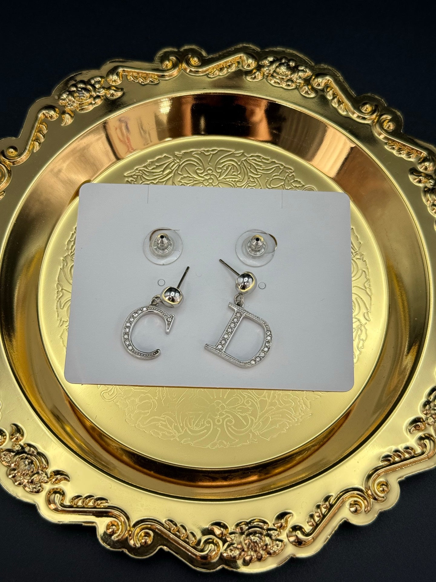 Dior Logo Earrings Rhinestone Pre-loved