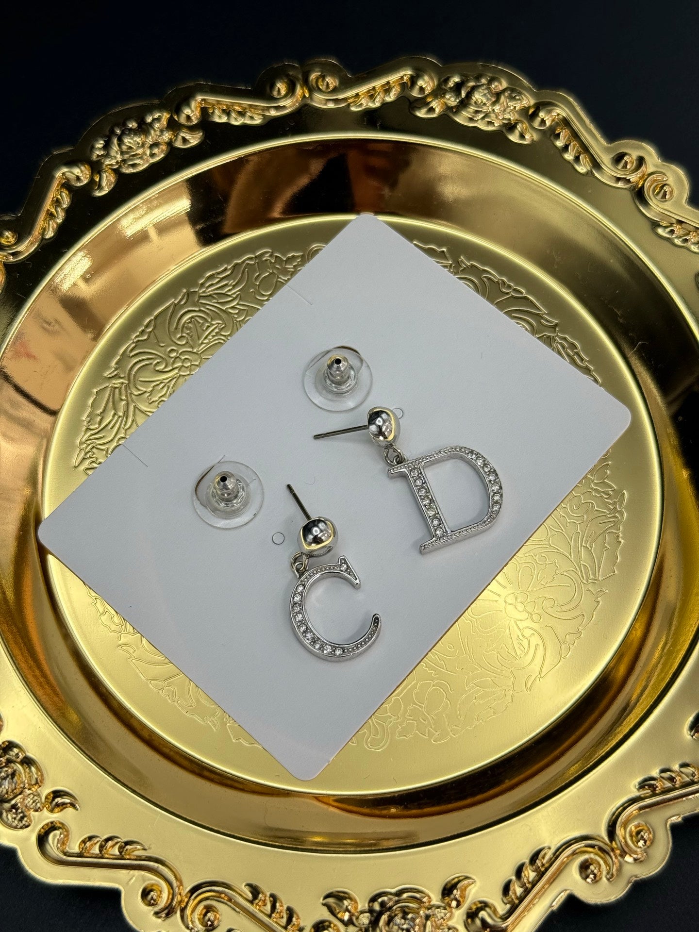 Dior Logo Earrings Rhinestone Pre-loved
