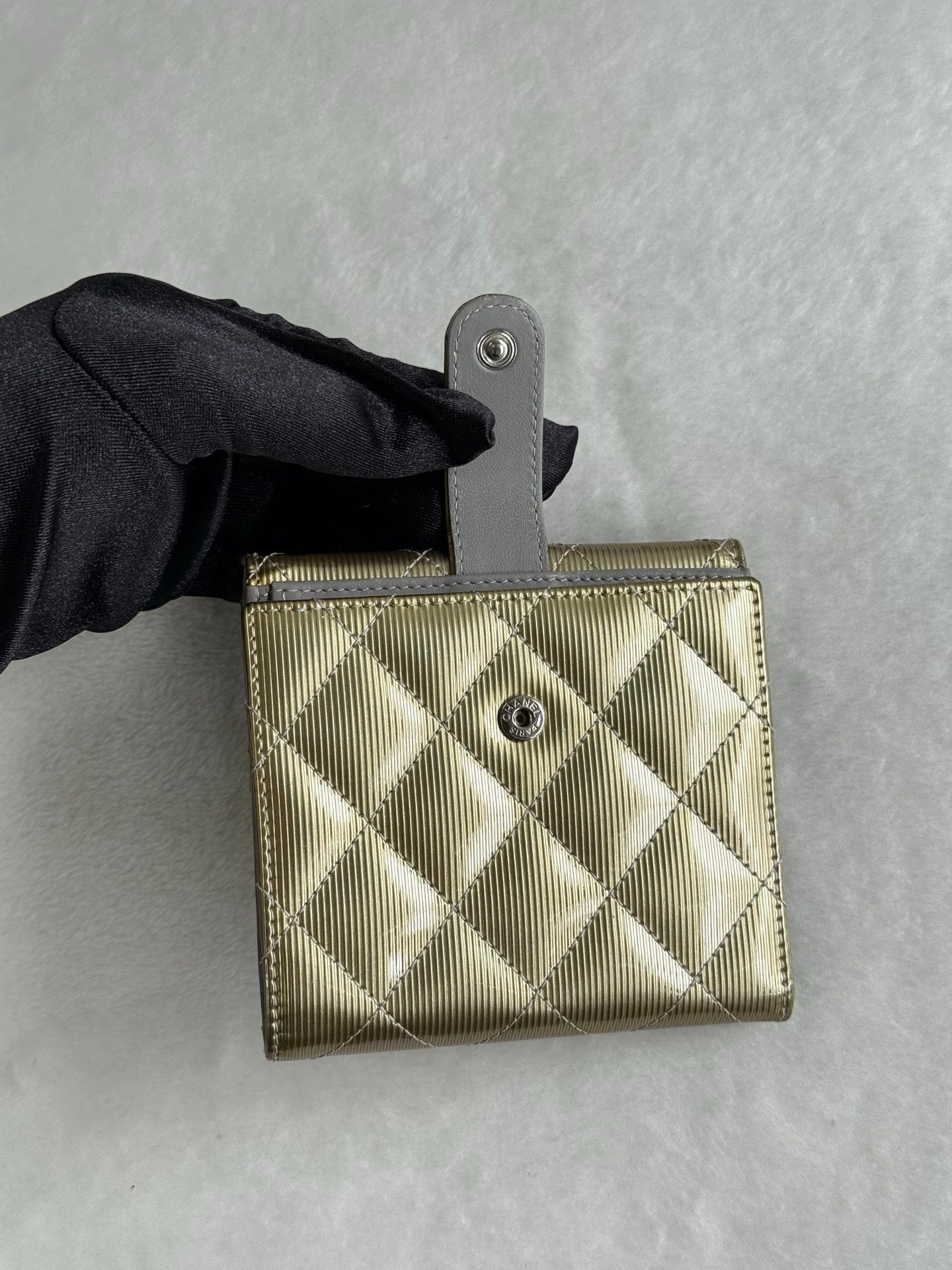 CHANEL Gold Quilted Striated Patent Leather S-Double Compact Wallet