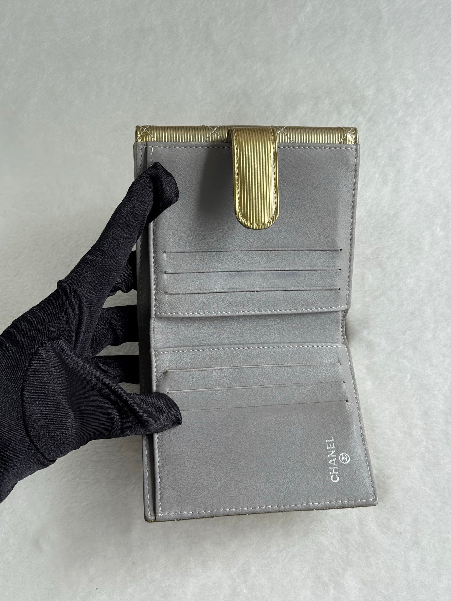 CHANEL Gold Quilted Striated Patent Leather S-Double Compact Wallet