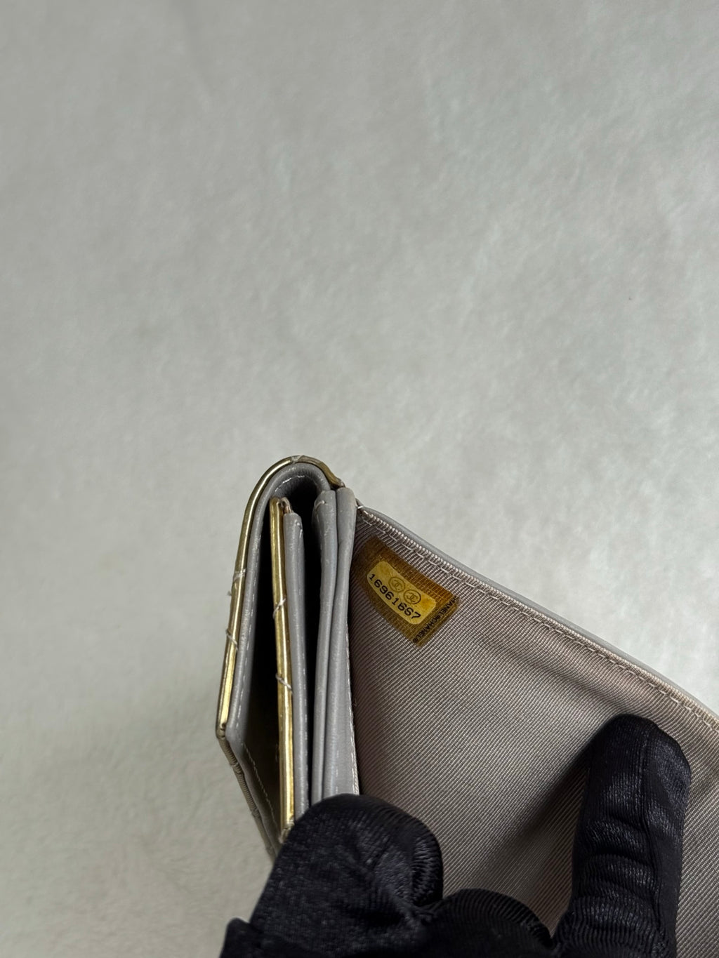 CHANEL Gold Quilted Striated Patent Leather S-Double Compact Wallet