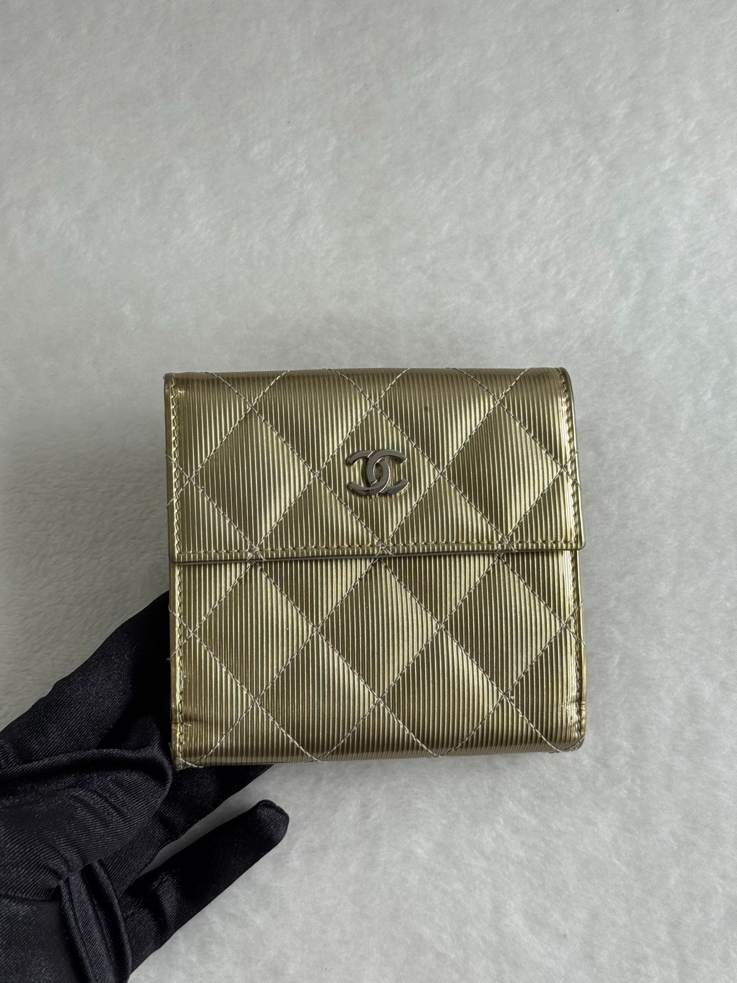 CHANEL Gold Quilted Striated Patent Leather S-Double Compact Wallet