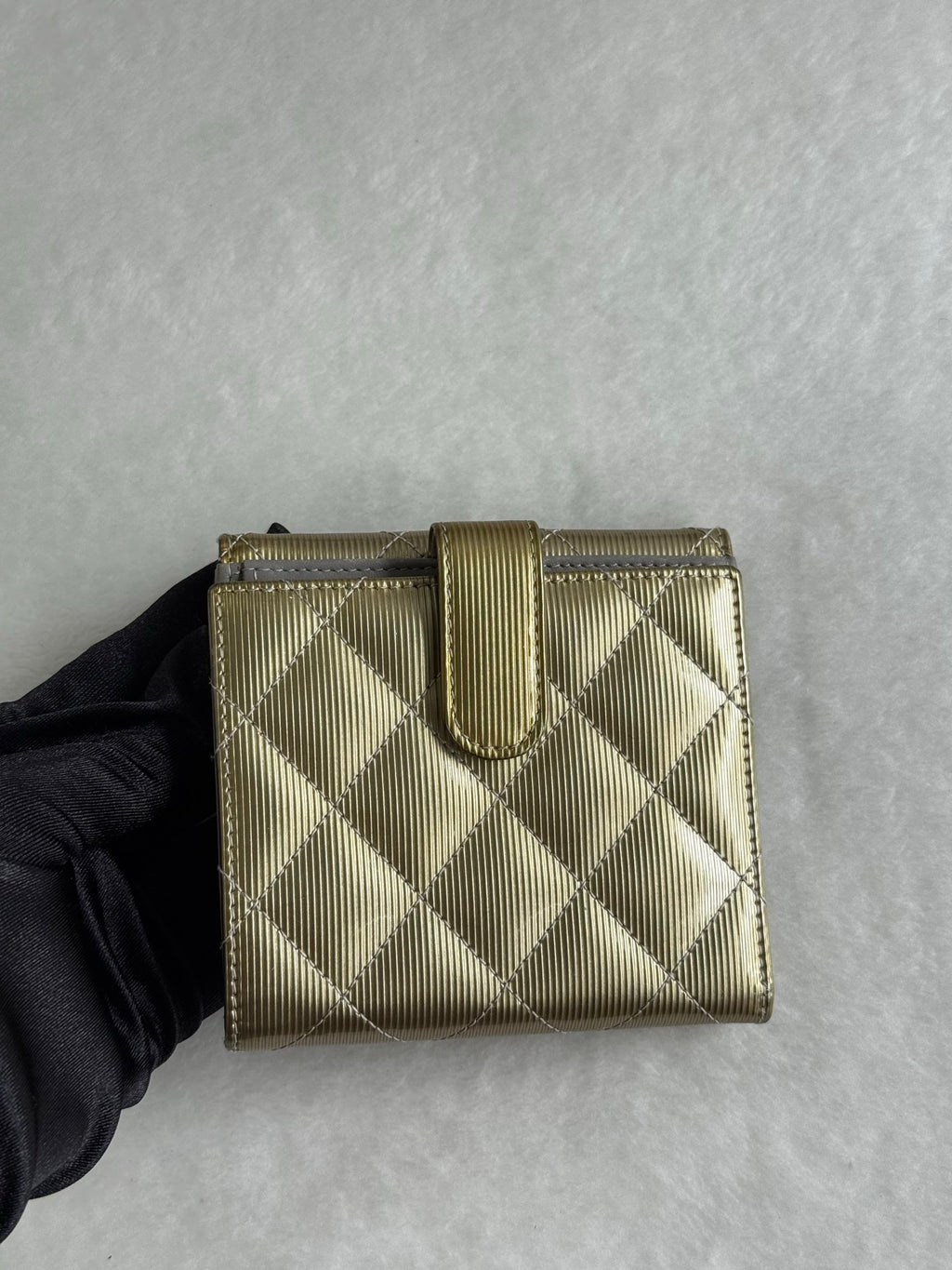 CHANEL Gold Quilted Striated Patent Leather S-Double Compact Wallet