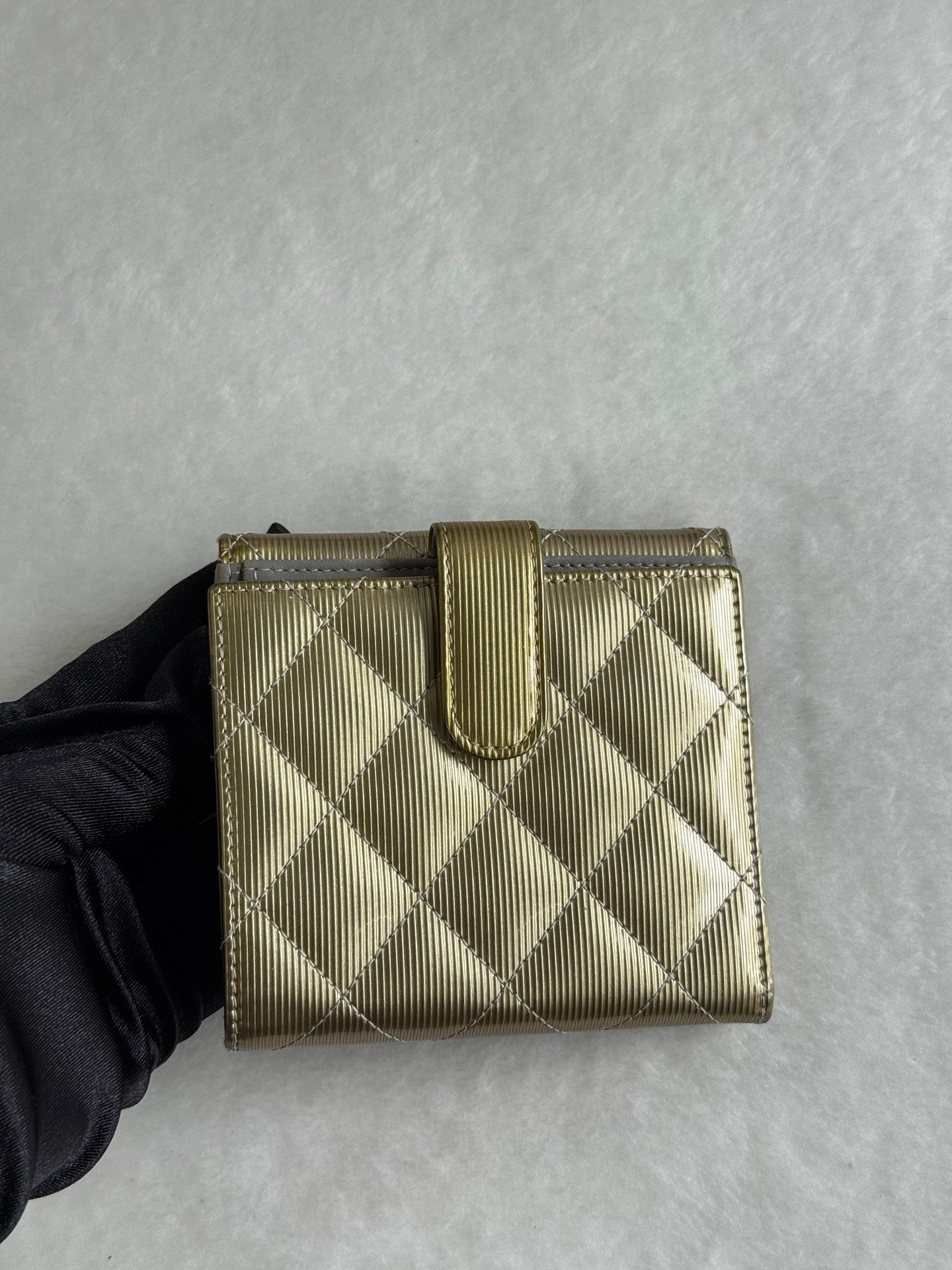 CHANEL Gold Quilted Striated Patent Leather S-Double Compact Wallet