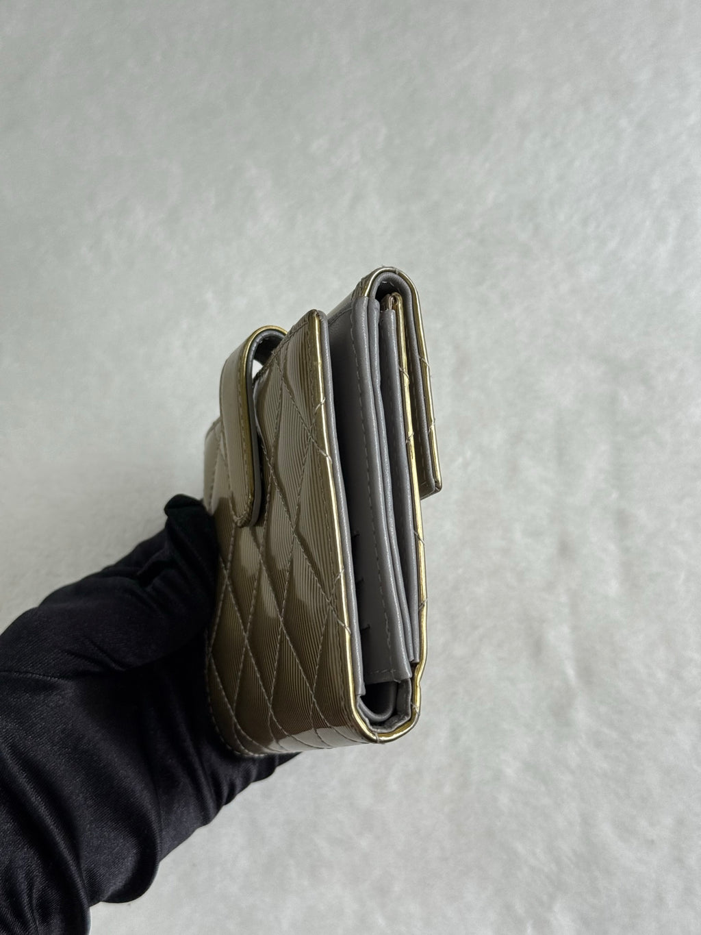 CHANEL Gold Quilted Striated Patent Leather S-Double Compact Wallet
