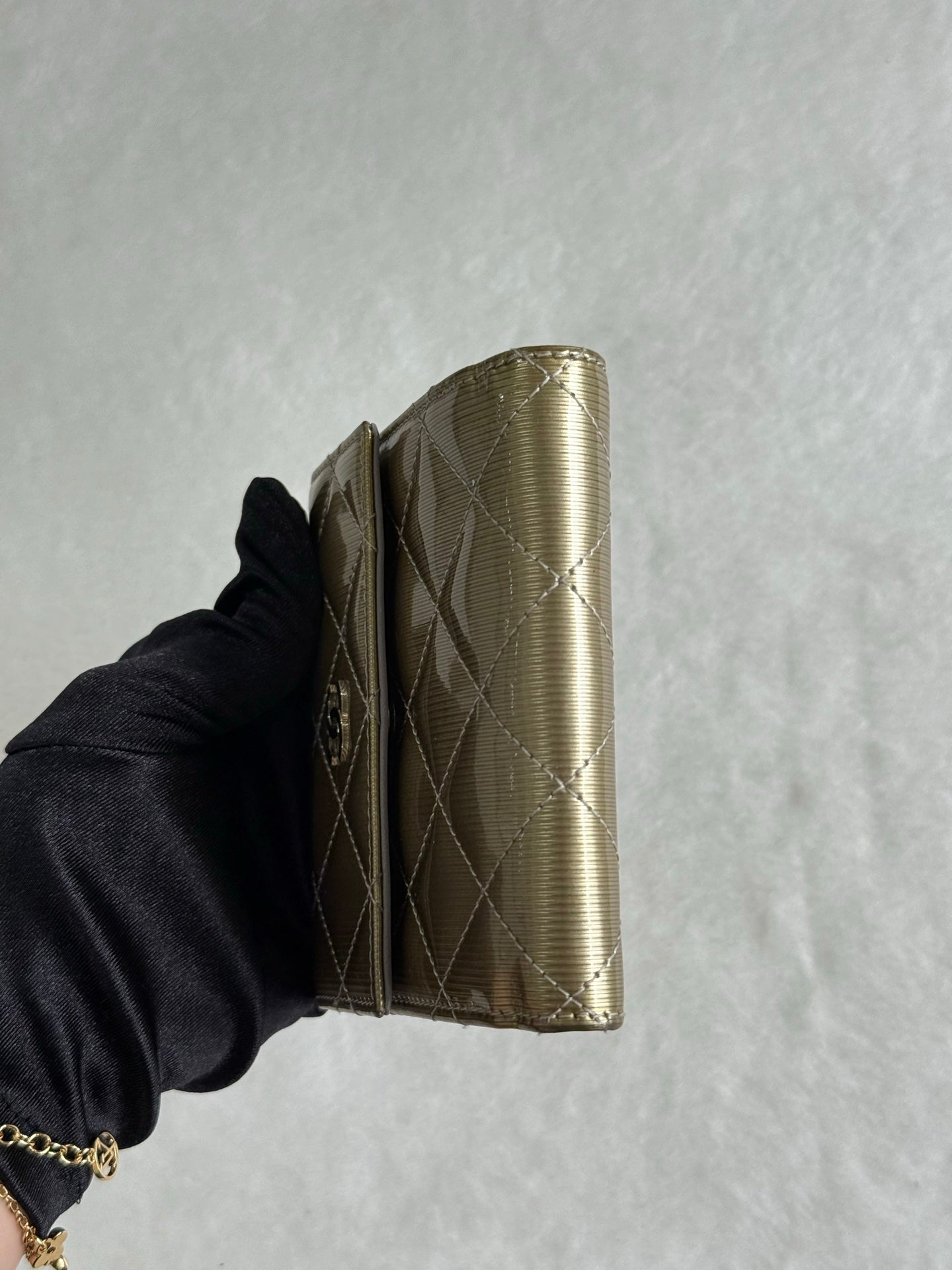 CHANEL Gold Quilted Striated Patent Leather S-Double Compact Wallet