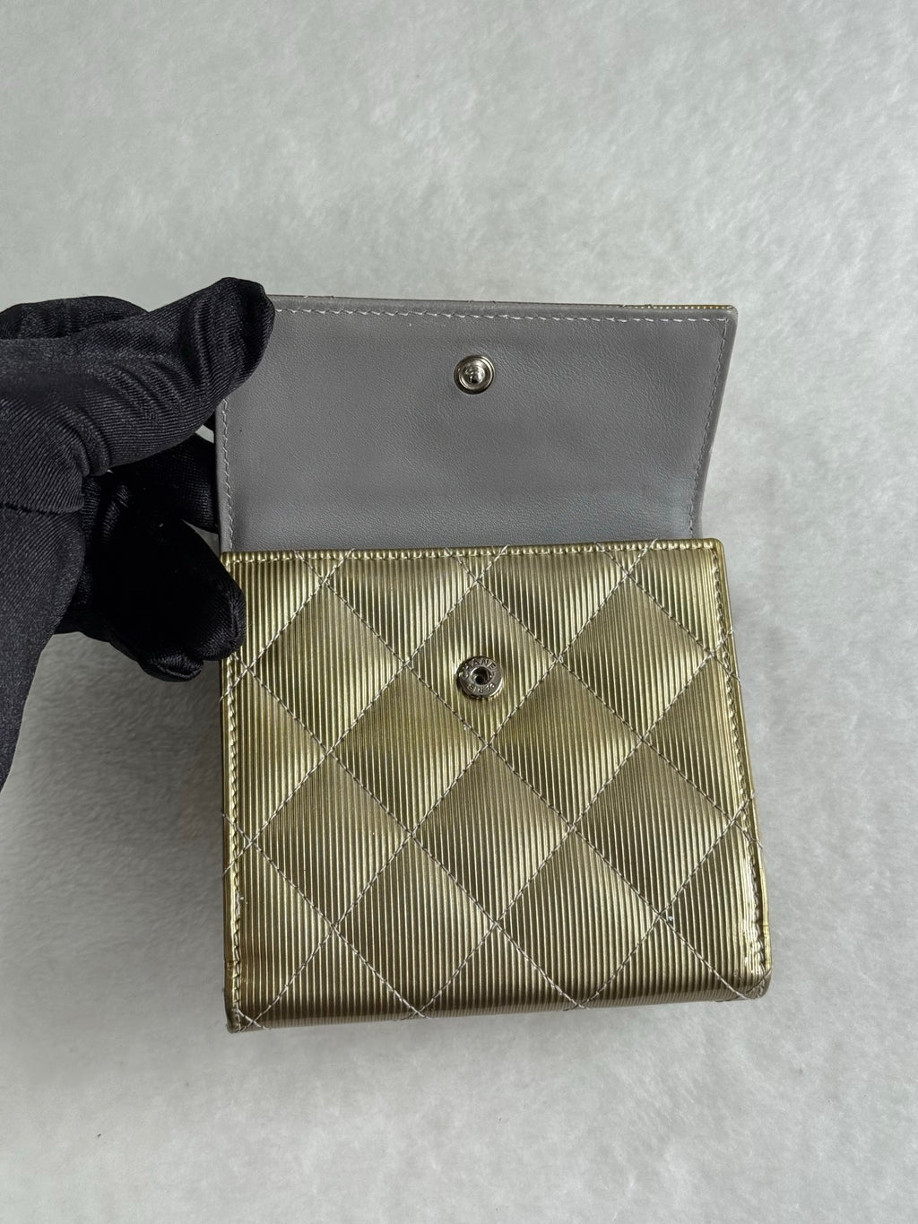CHANEL Gold Quilted Striated Patent Leather S-Double Compact Wallet