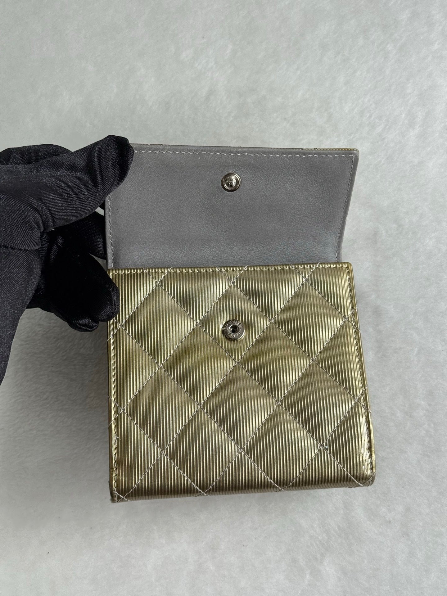 CHANEL Gold Quilted Striated Patent Leather S-Double Compact Wallet
