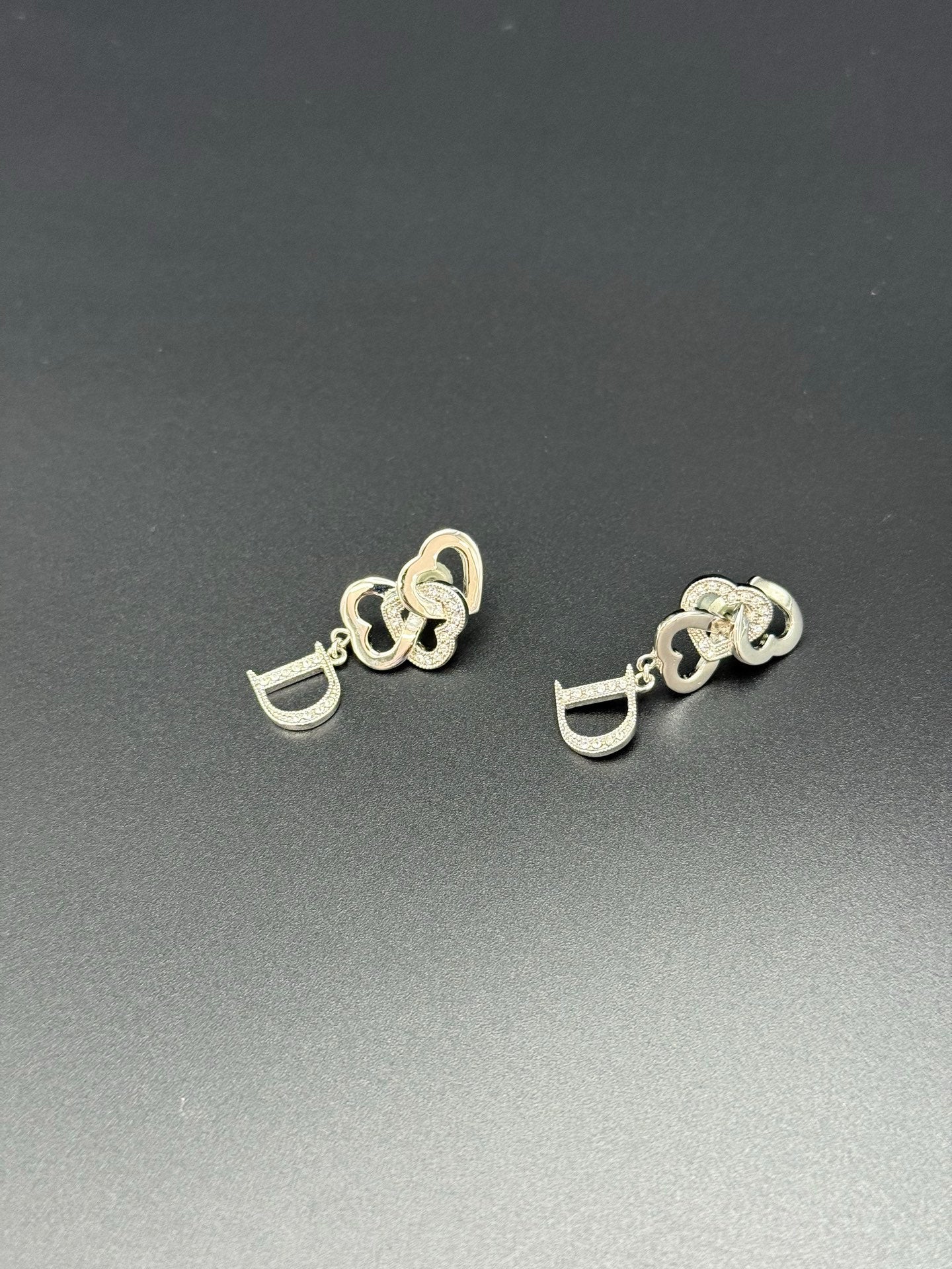 Dior Vintage Rhinestone Logo Heart Earrings
