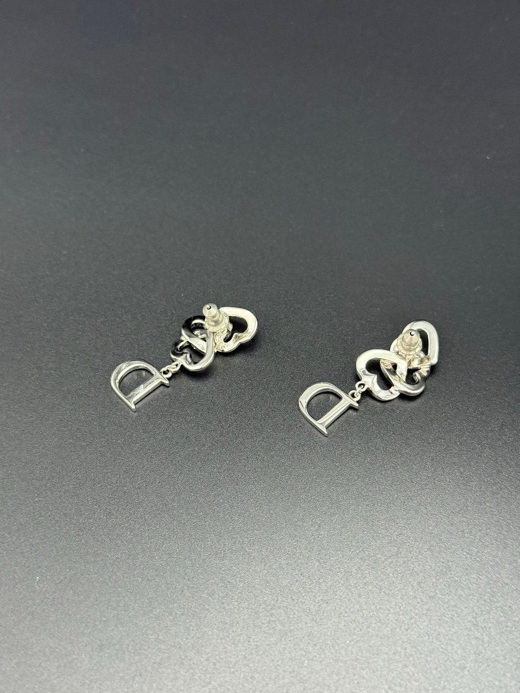 Dior Vintage Rhinestone Logo Heart Earrings