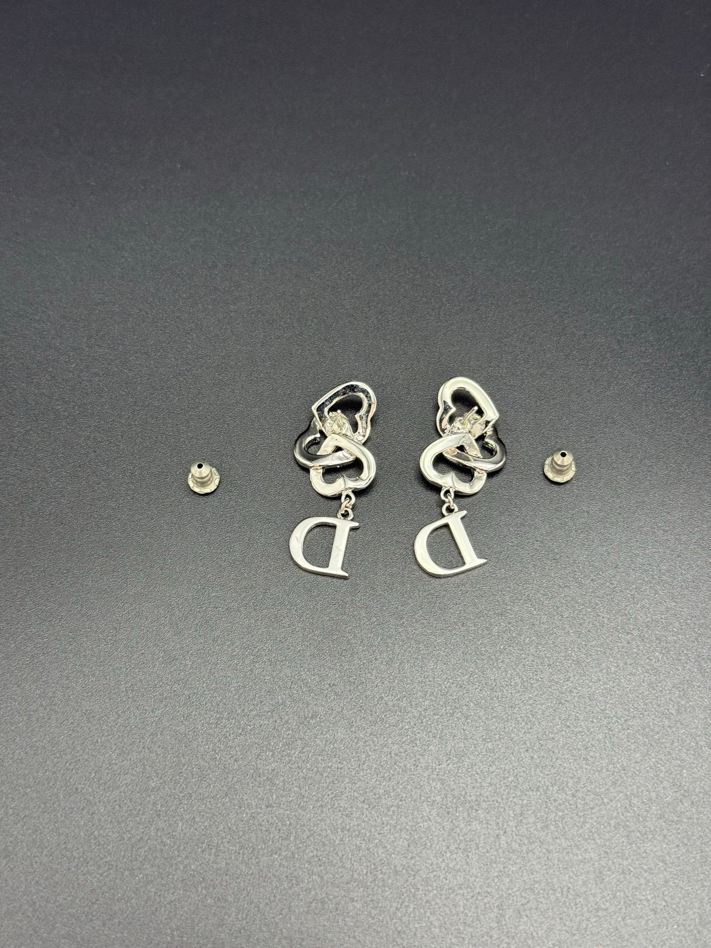 Dior Vintage Rhinestone Logo Heart Earrings