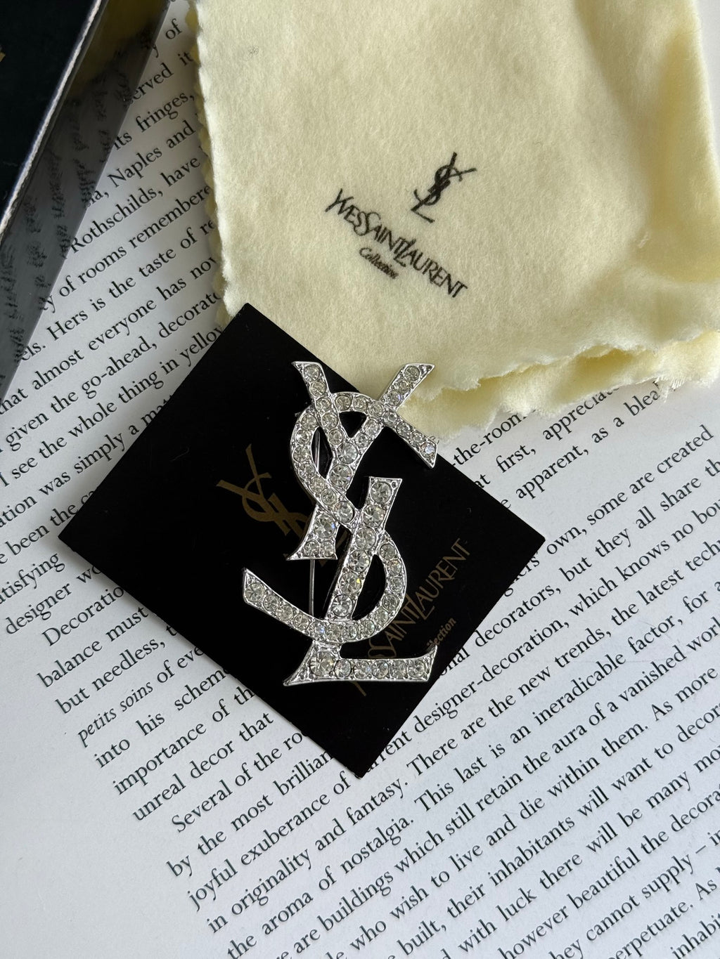 YSL Logo Rhinestone Silver Brooch