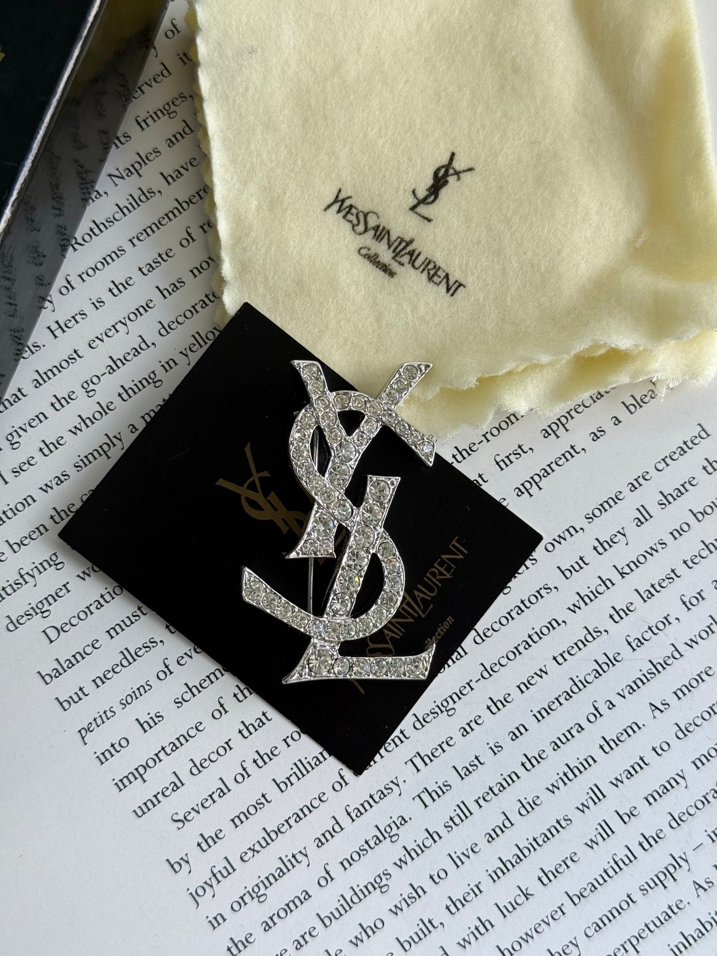 YSL Logo Rhinestone Silver Brooch