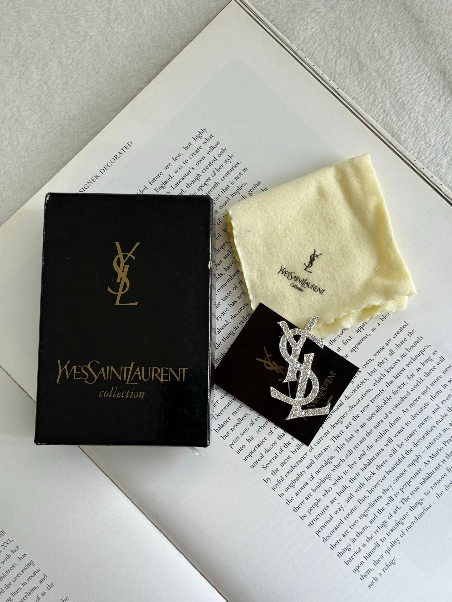 YSL Logo Rhinestone Silver Brooch