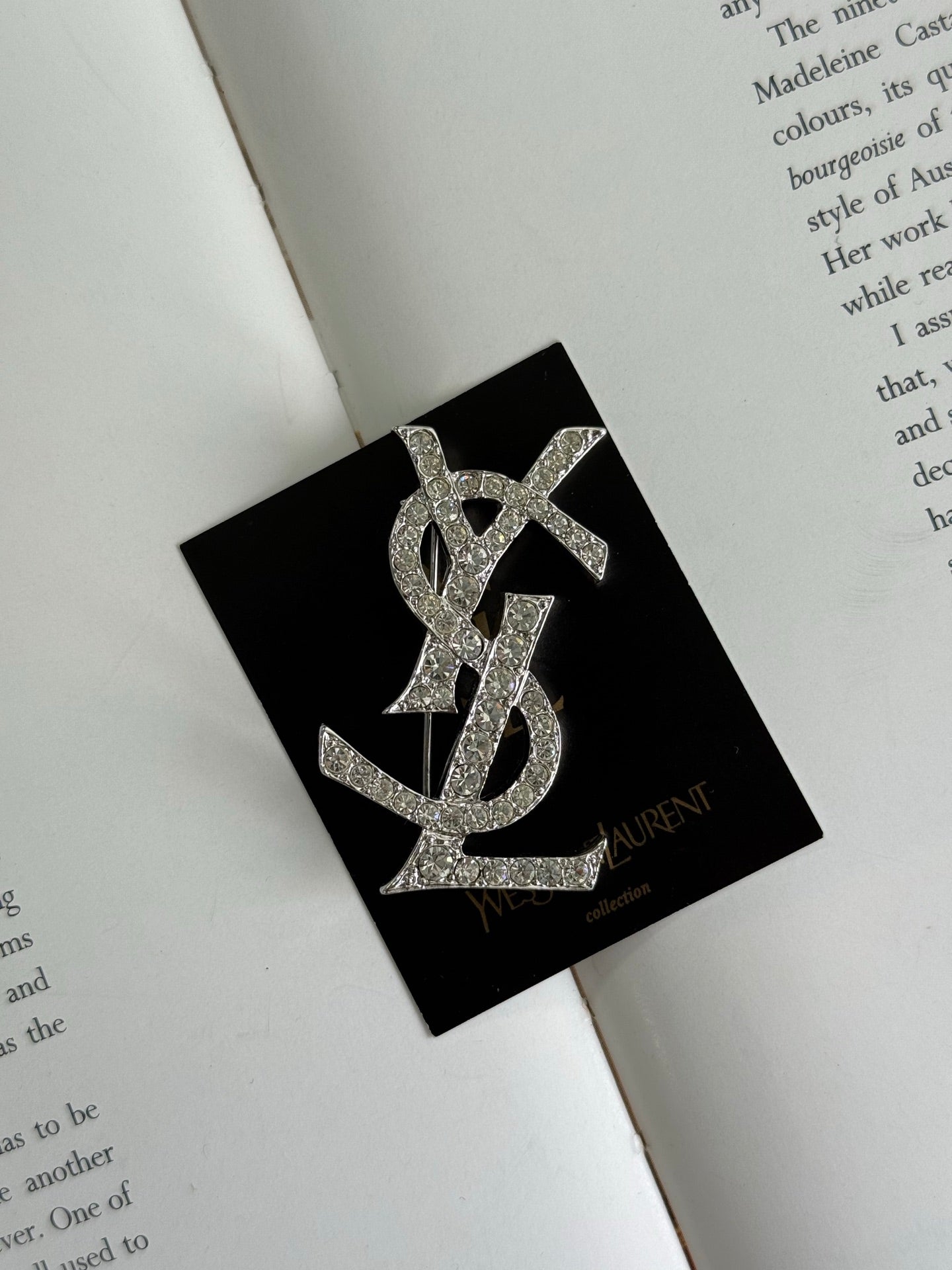 YSL Logo Rhinestone Silver Brooch