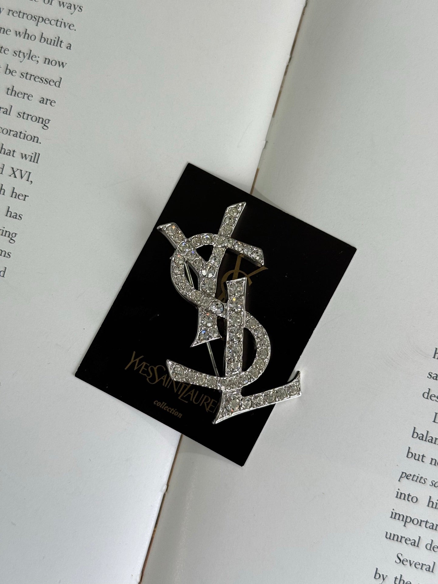 YSL Logo Rhinestone Silver Brooch