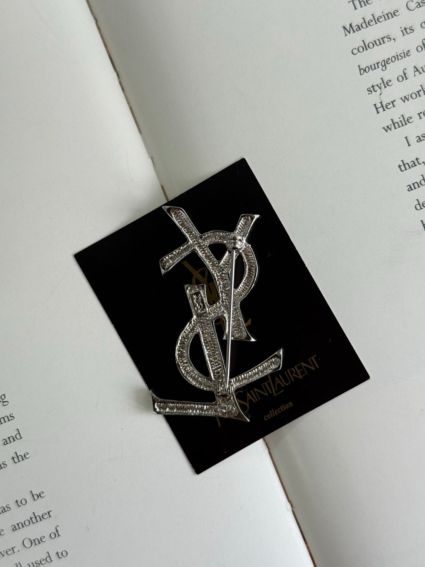 YSL Logo Rhinestone Silver Brooch