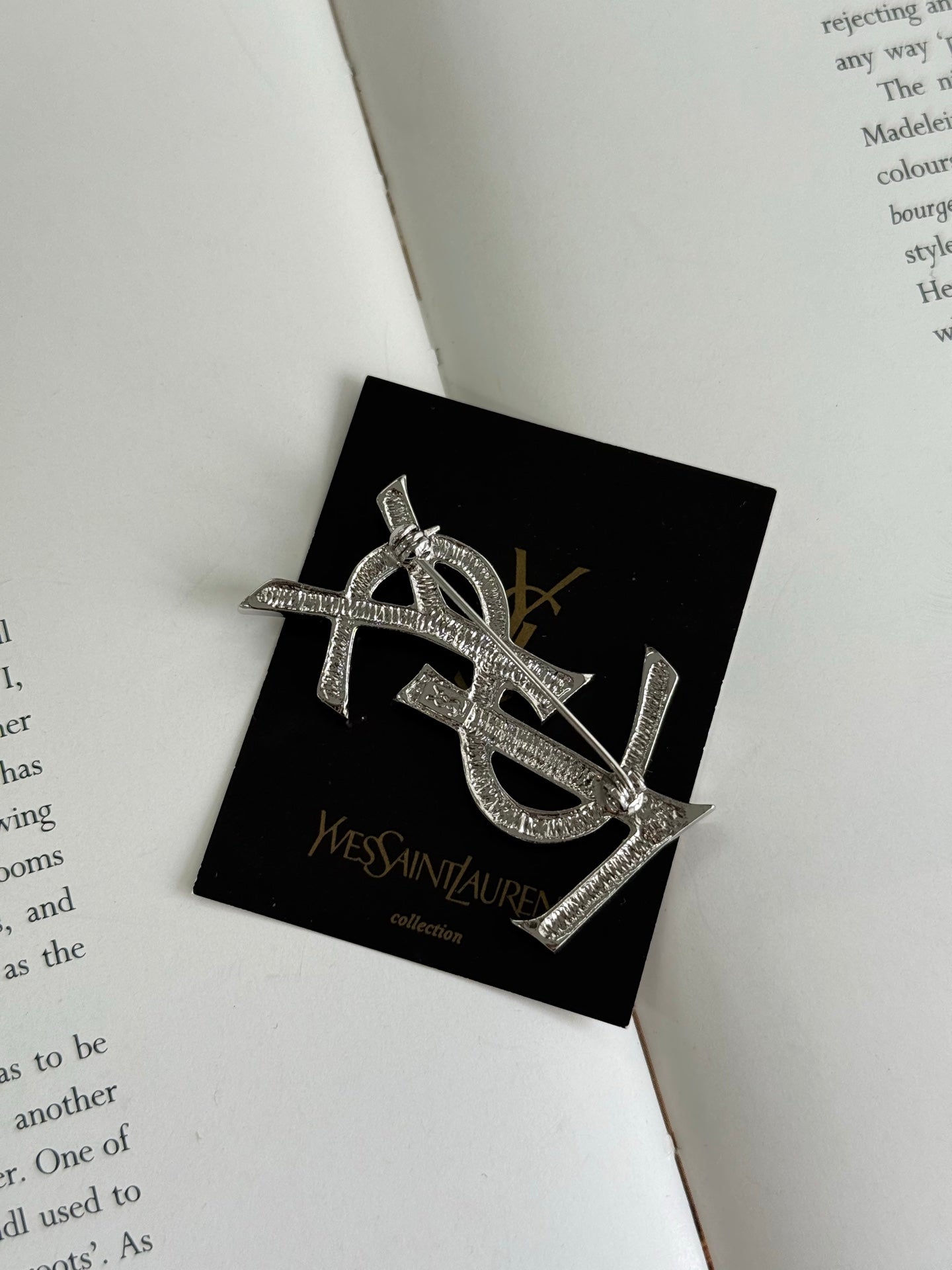 YSL Logo Rhinestone Silver Brooch