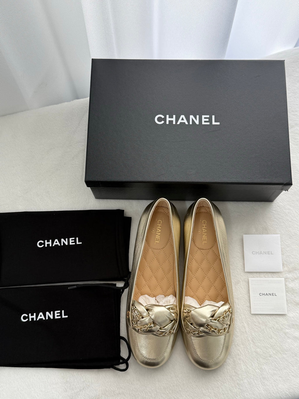 CHANEL Gold Lambskin Chain Loafers Shoes