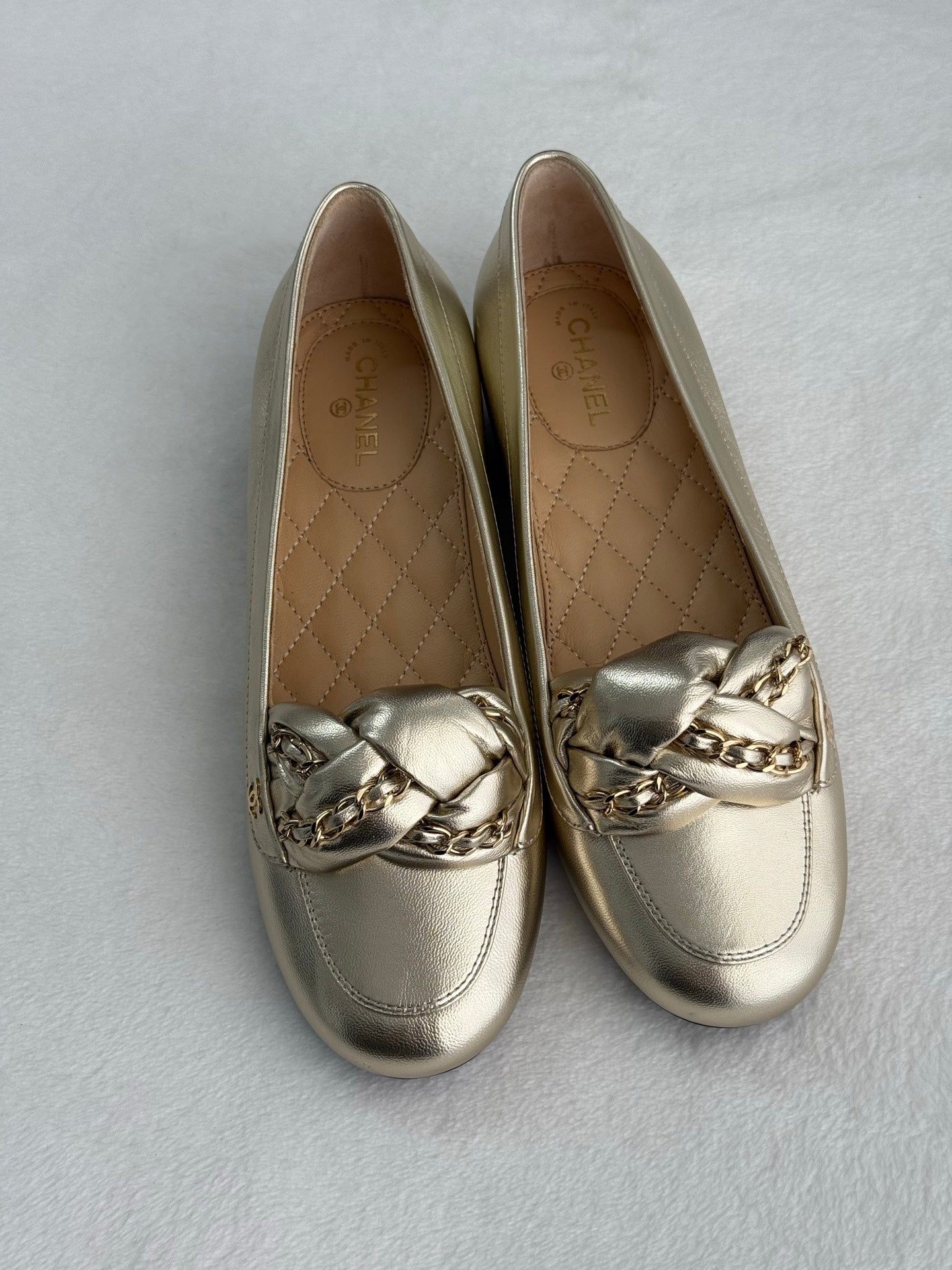 CHANEL Gold Lambskin Chain Loafers Shoes
