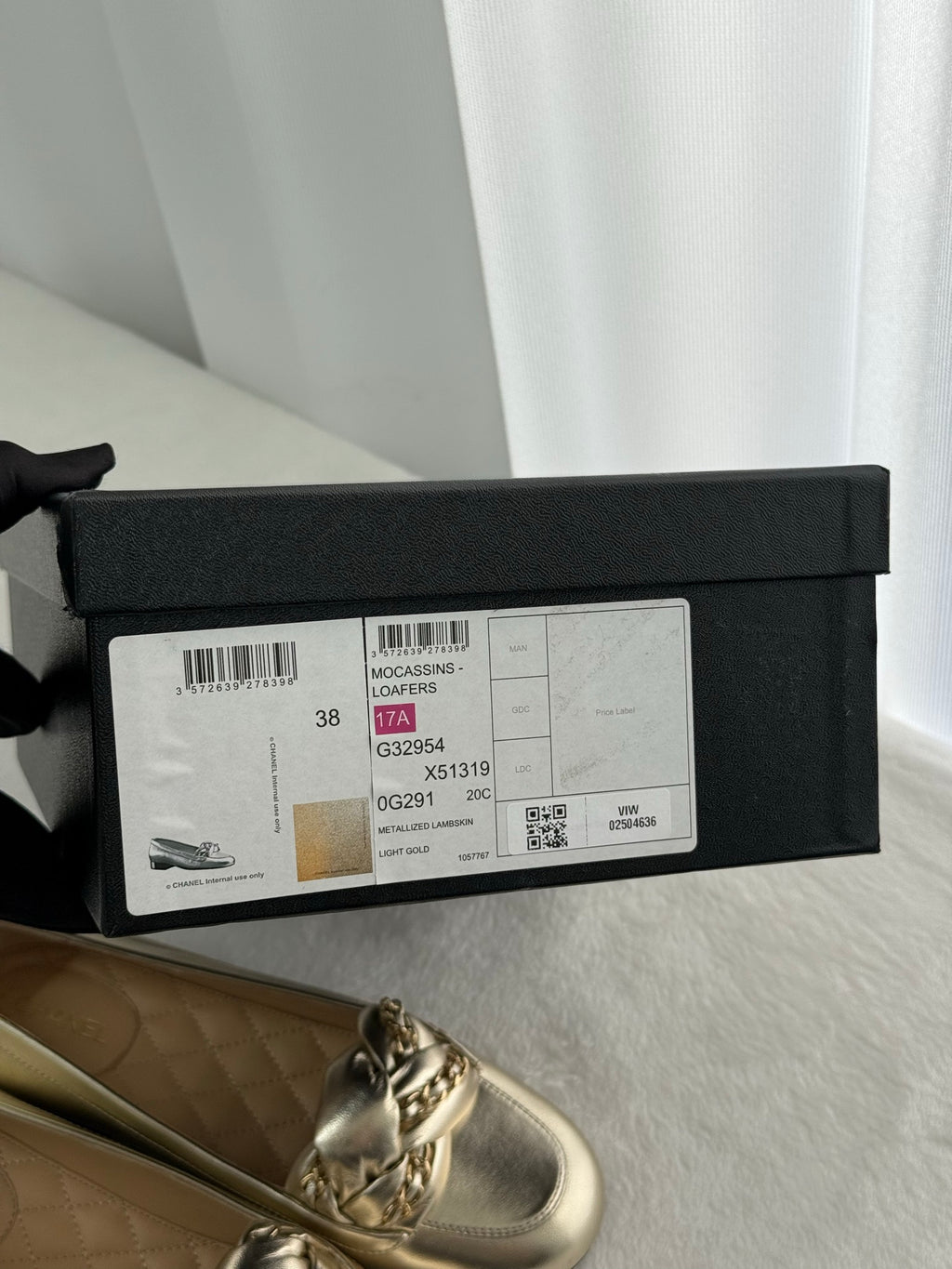 CHANEL Gold Lambskin Chain Loafers Shoes