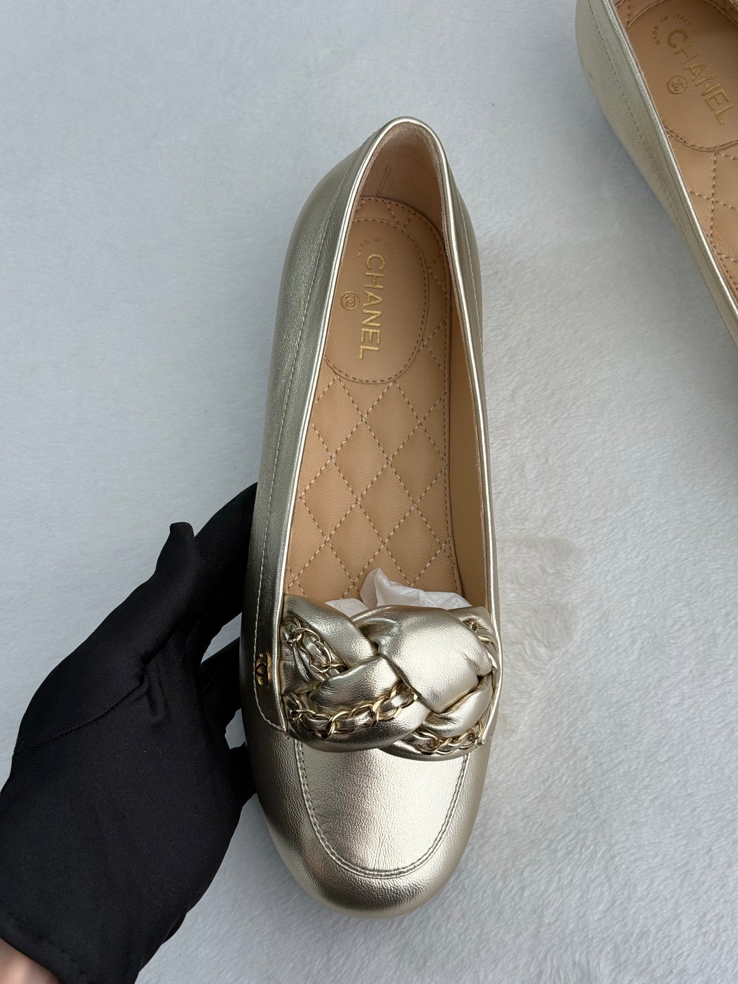 CHANEL Gold Lambskin Chain Loafers Shoes