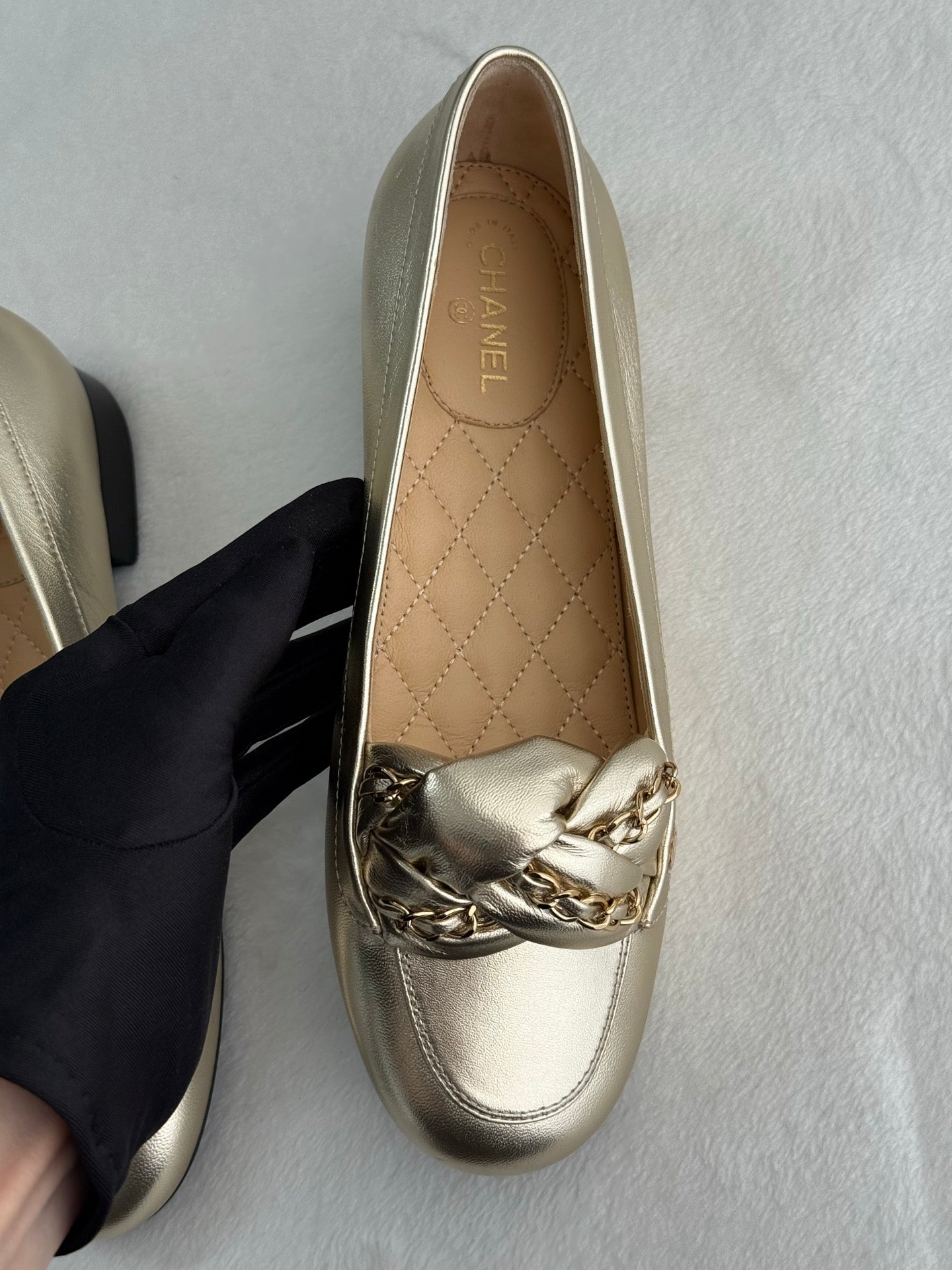 CHANEL Gold Lambskin Chain Loafers Shoes