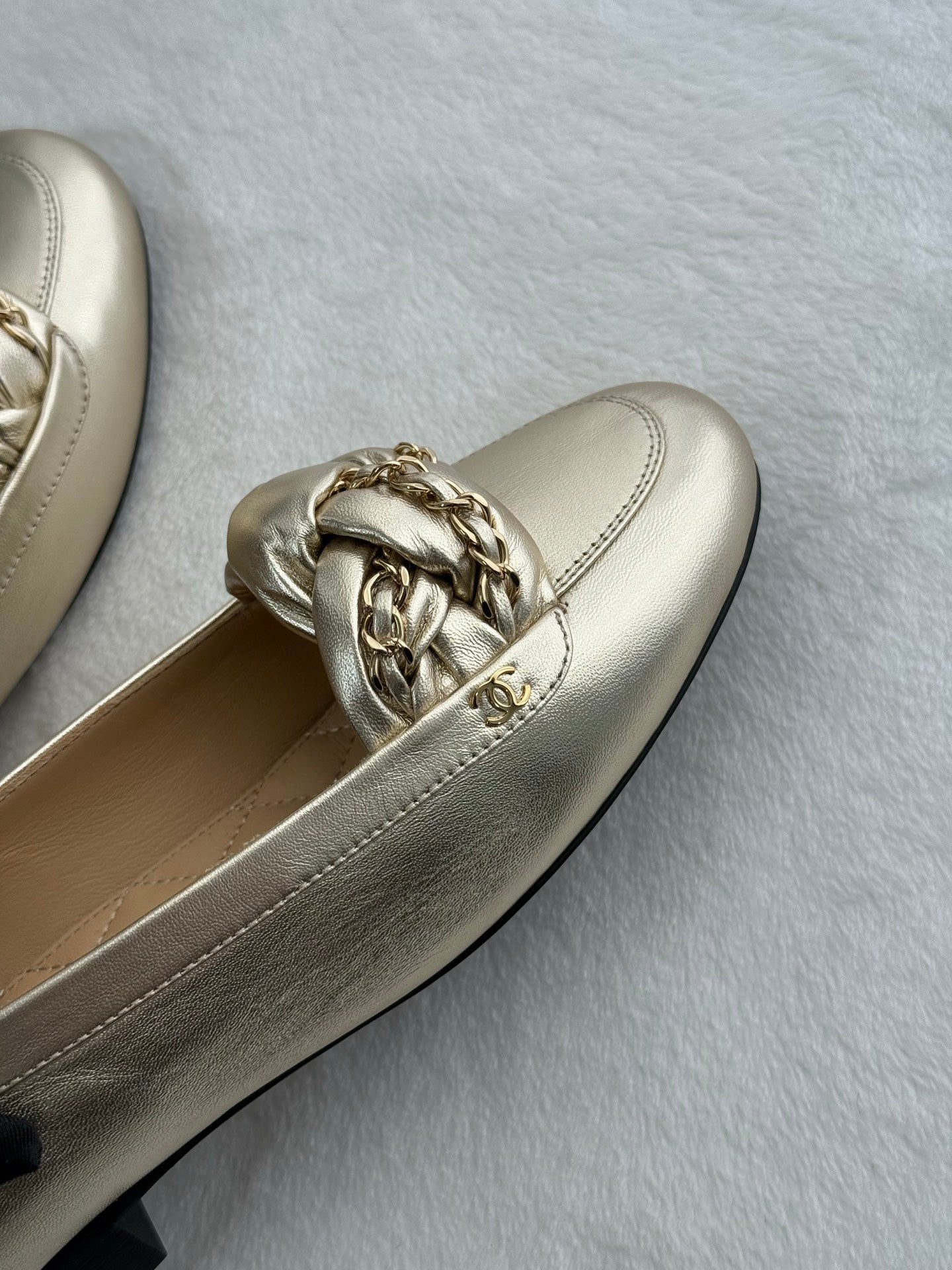CHANEL Gold Lambskin Chain Loafers Shoes
