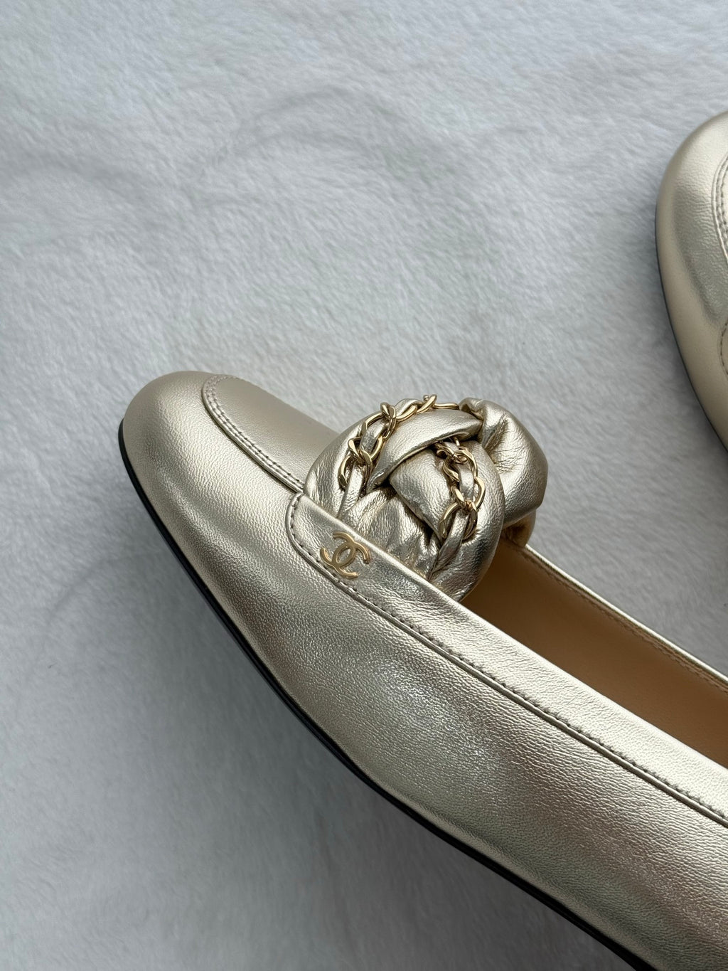 CHANEL Gold Lambskin Chain Loafers Shoes