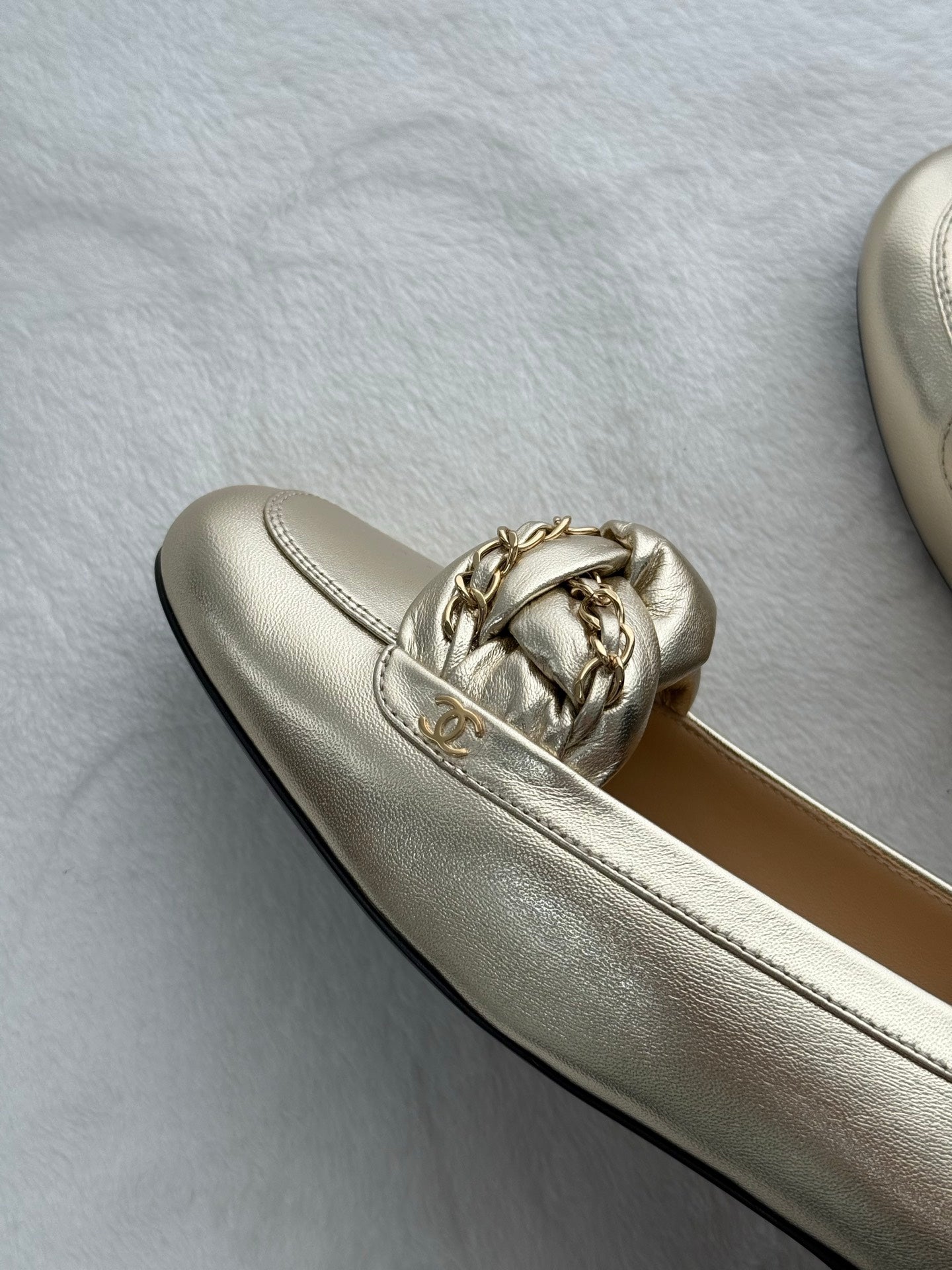 CHANEL Gold Lambskin Chain Loafers Shoes