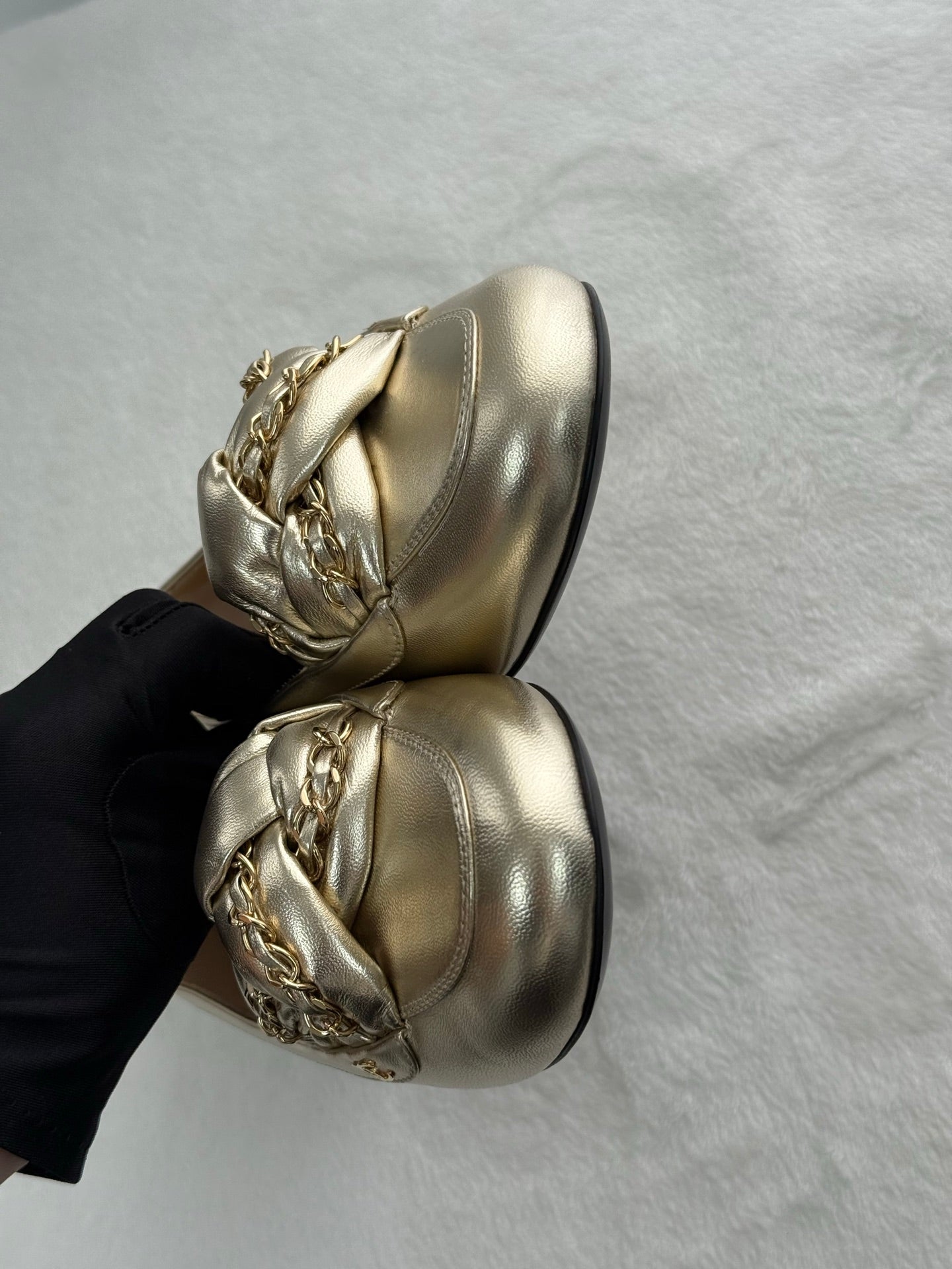 CHANEL Gold Lambskin Chain Loafers Shoes