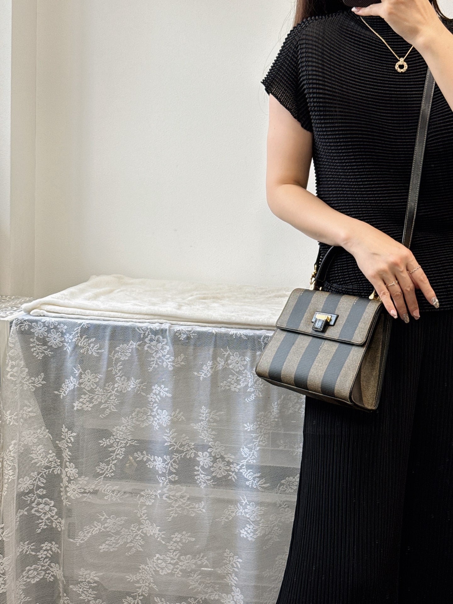 FENDI  Mini Kelly Style Pequin Stripe Shoulder bag