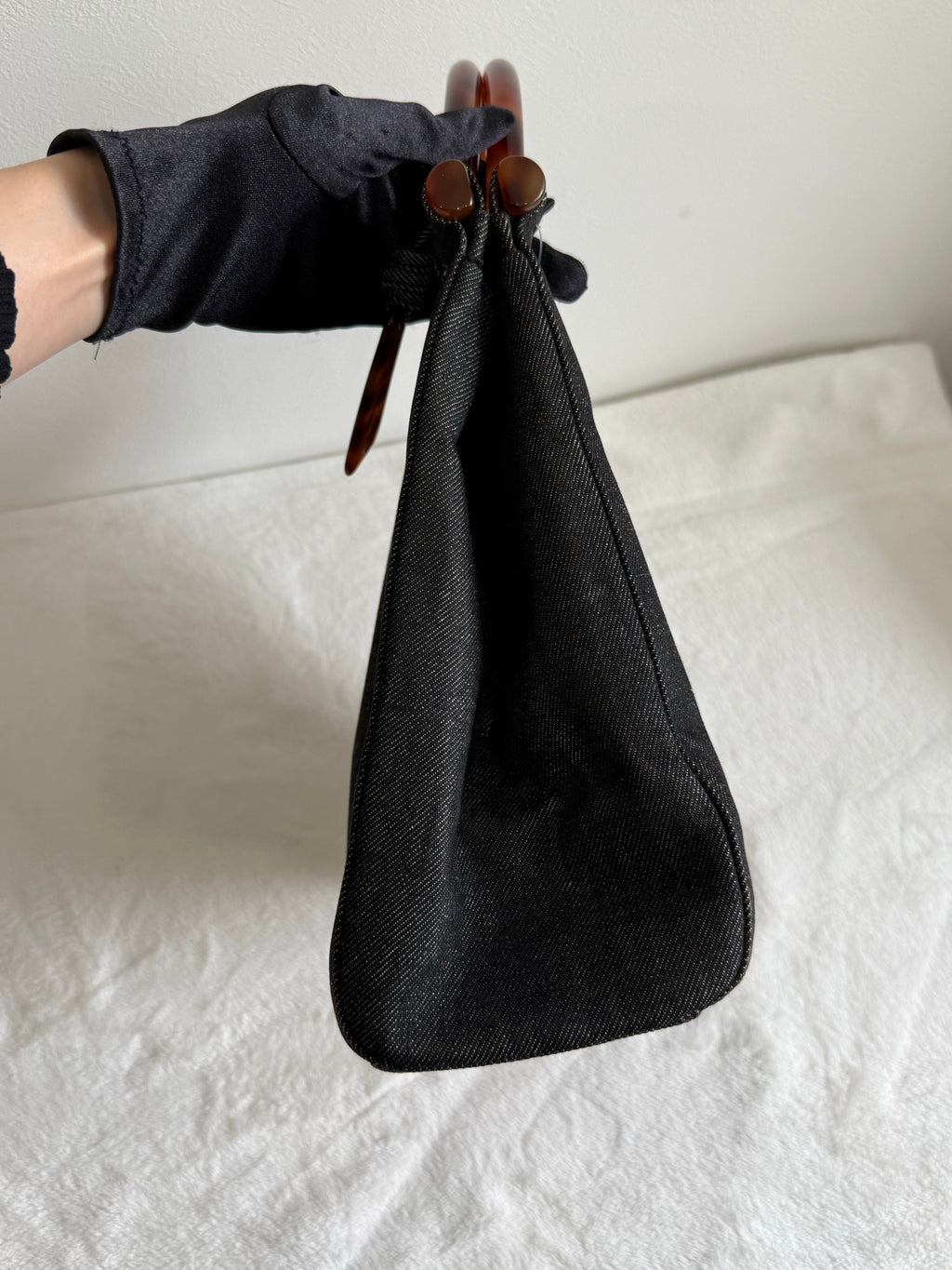 CHANEL Tortoiseshell-handle Denim Hand Bag