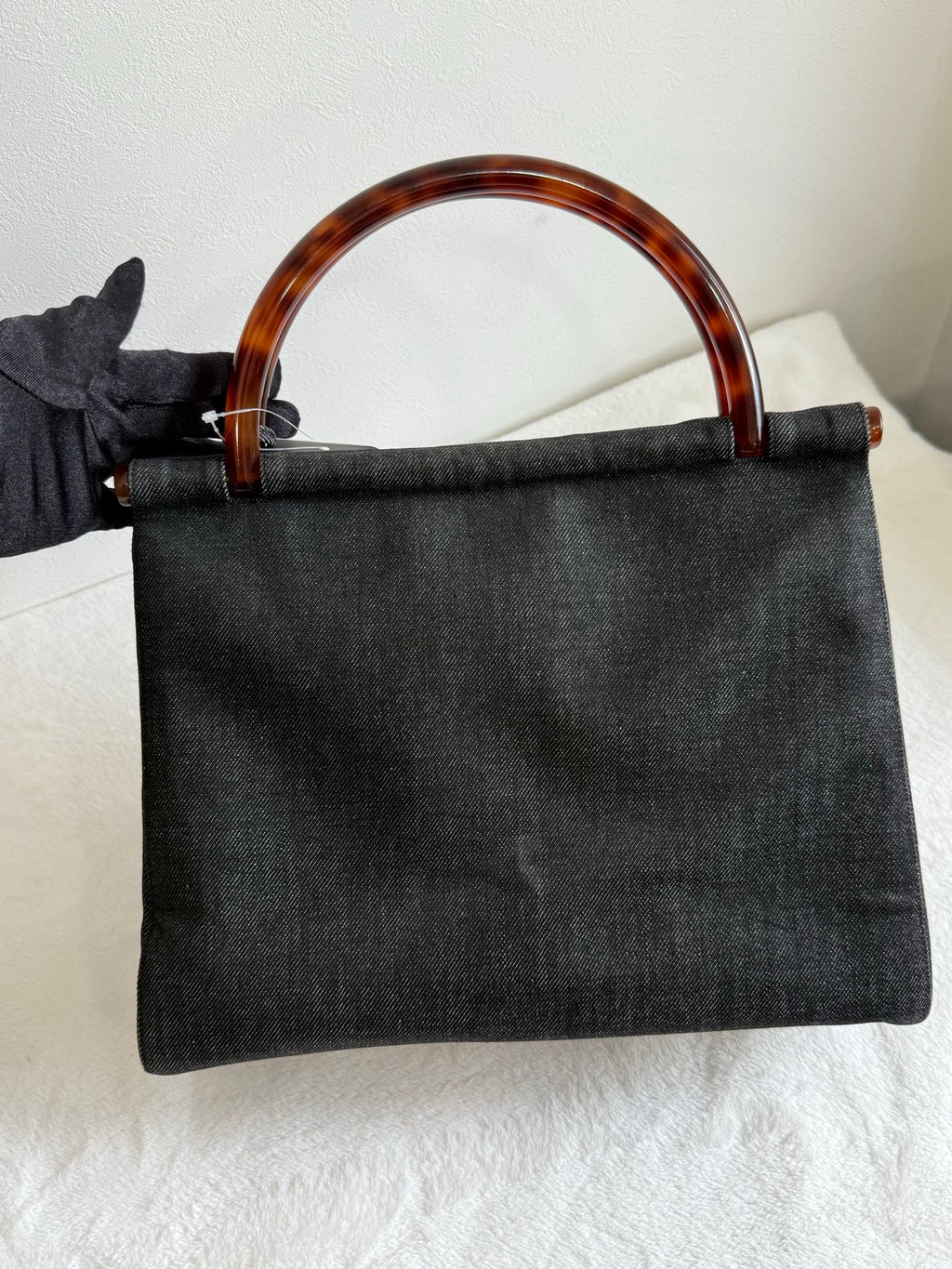 CHANEL Tortoiseshell-handle Denim Hand Bag