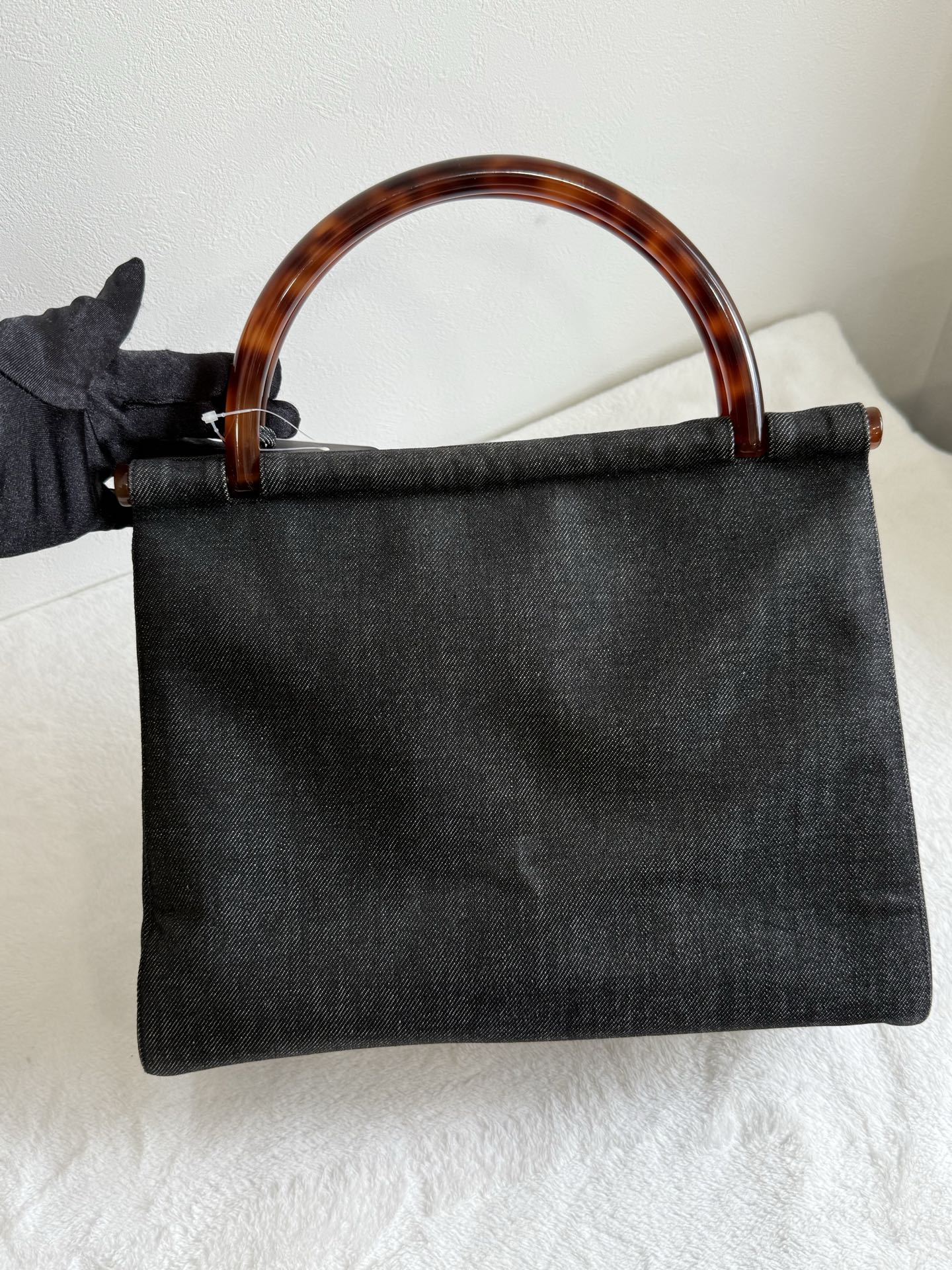 CHANEL Tortoiseshell-handle Denim Hand Bag