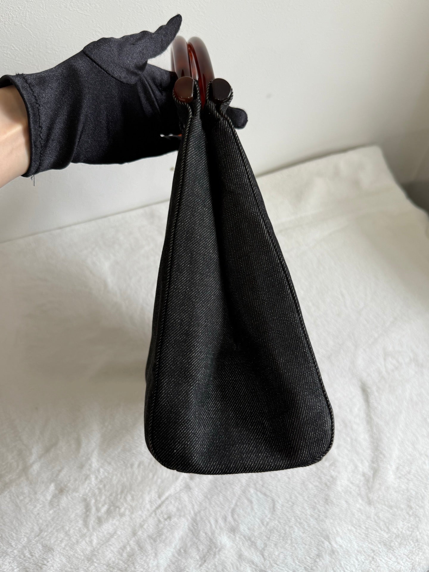 CHANEL Tortoiseshell-handle Denim Hand Bag
