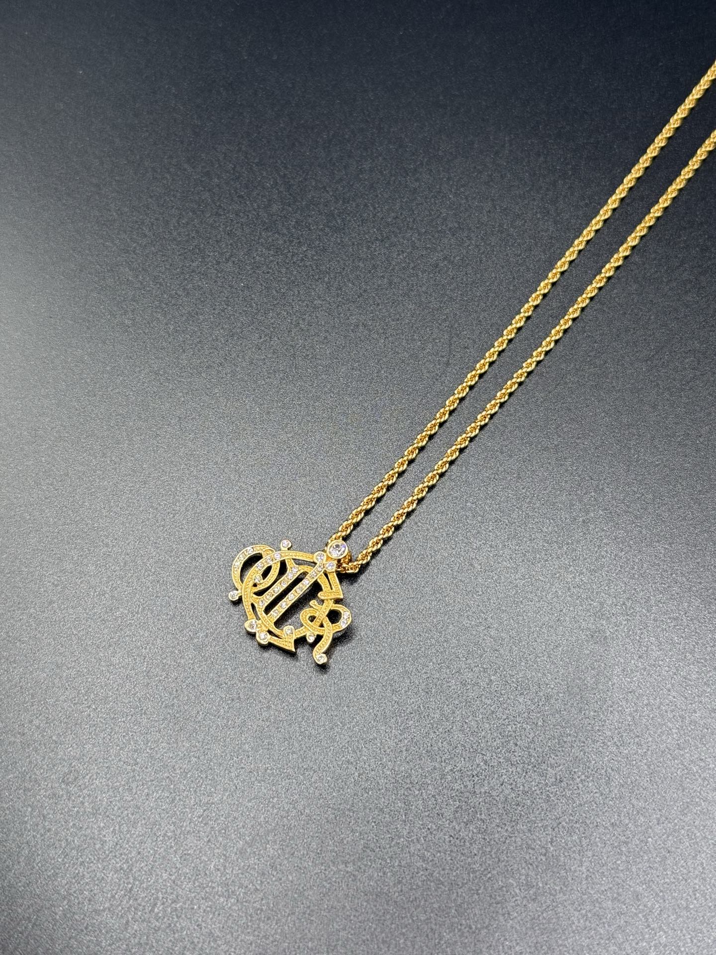 DIOR Vintage Necklace Rhinestone Emblem Logo