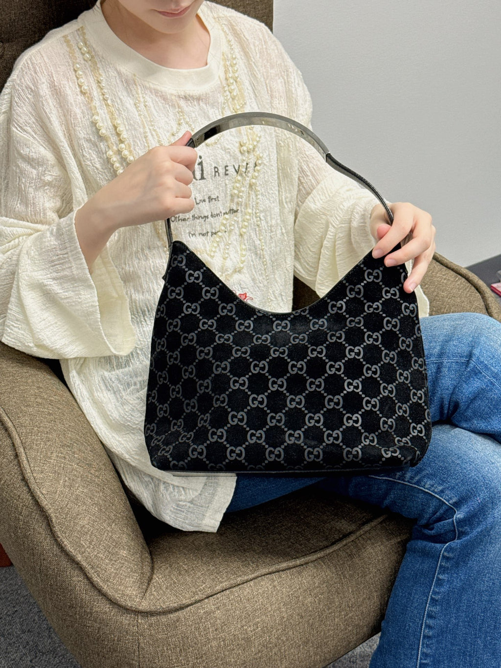 GUCCI Suede Shoulder Hobo Bag